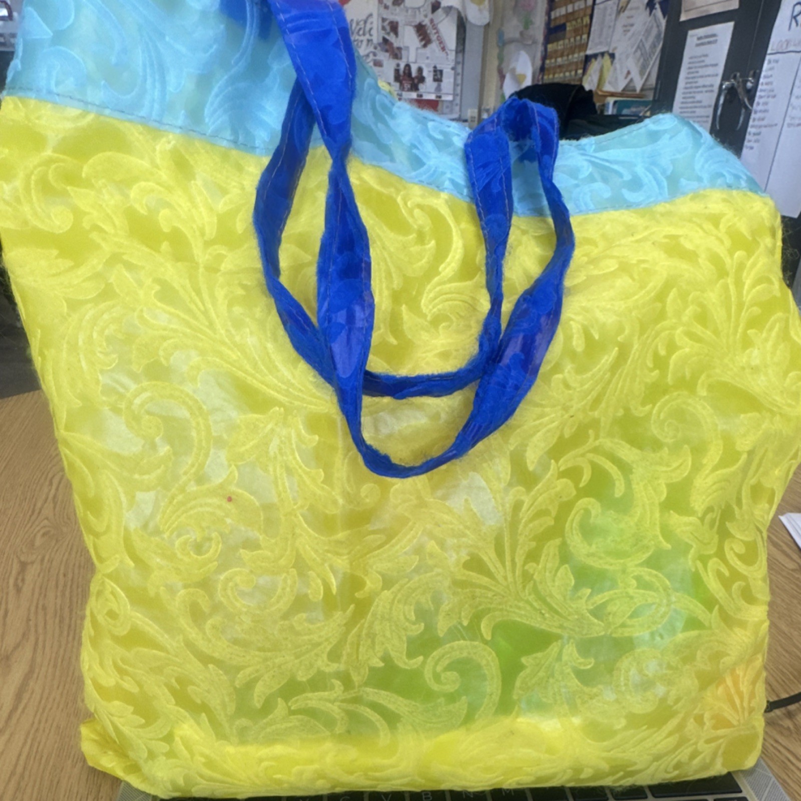 Yellow Blue Foldable Nylon Tote Bag All-Over Pattern 9x10x12 in Reusable