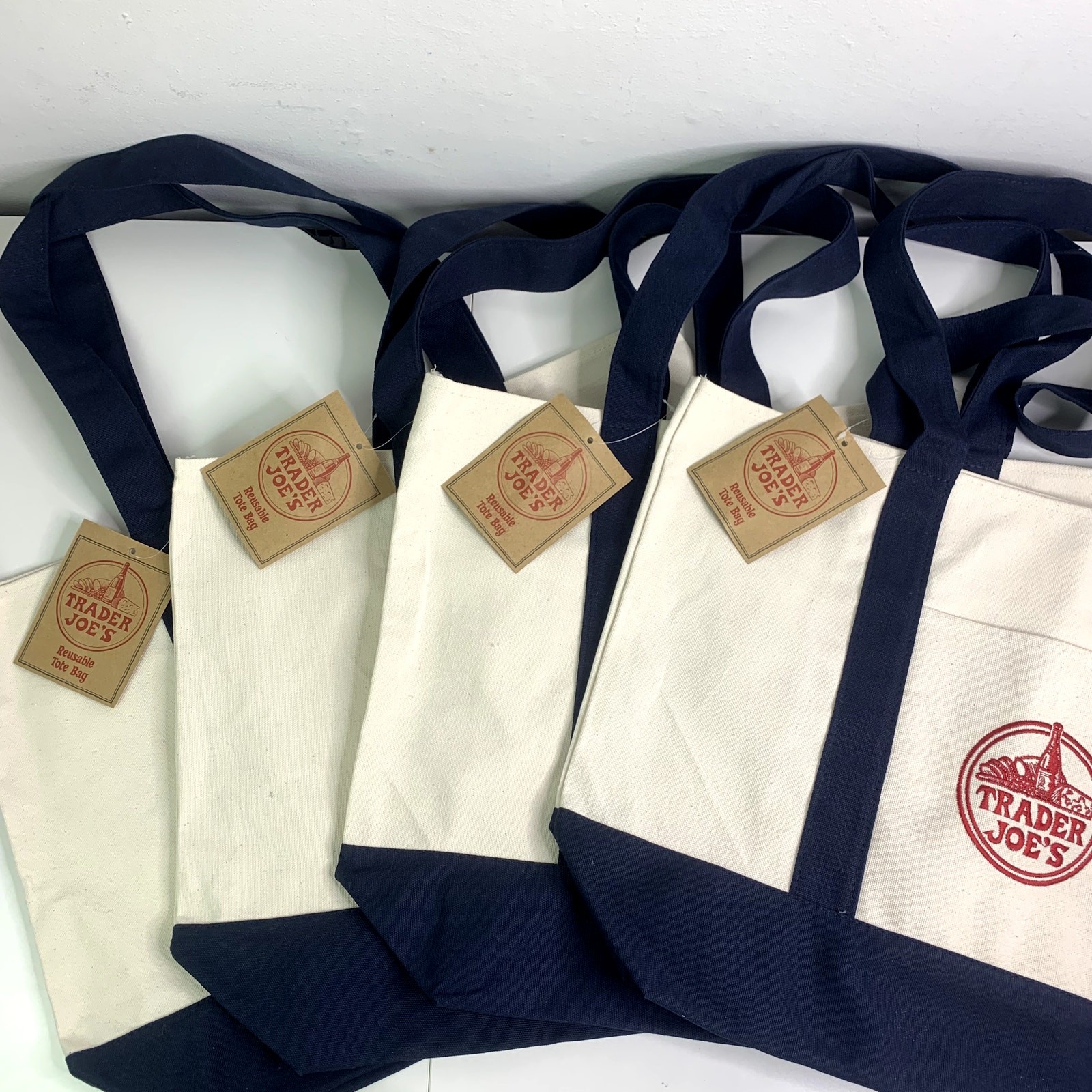 Lot of 4 Trader Joe’s Canvas Tote Bag Navy Red Grocery Shopping Eco Reusable NWT
