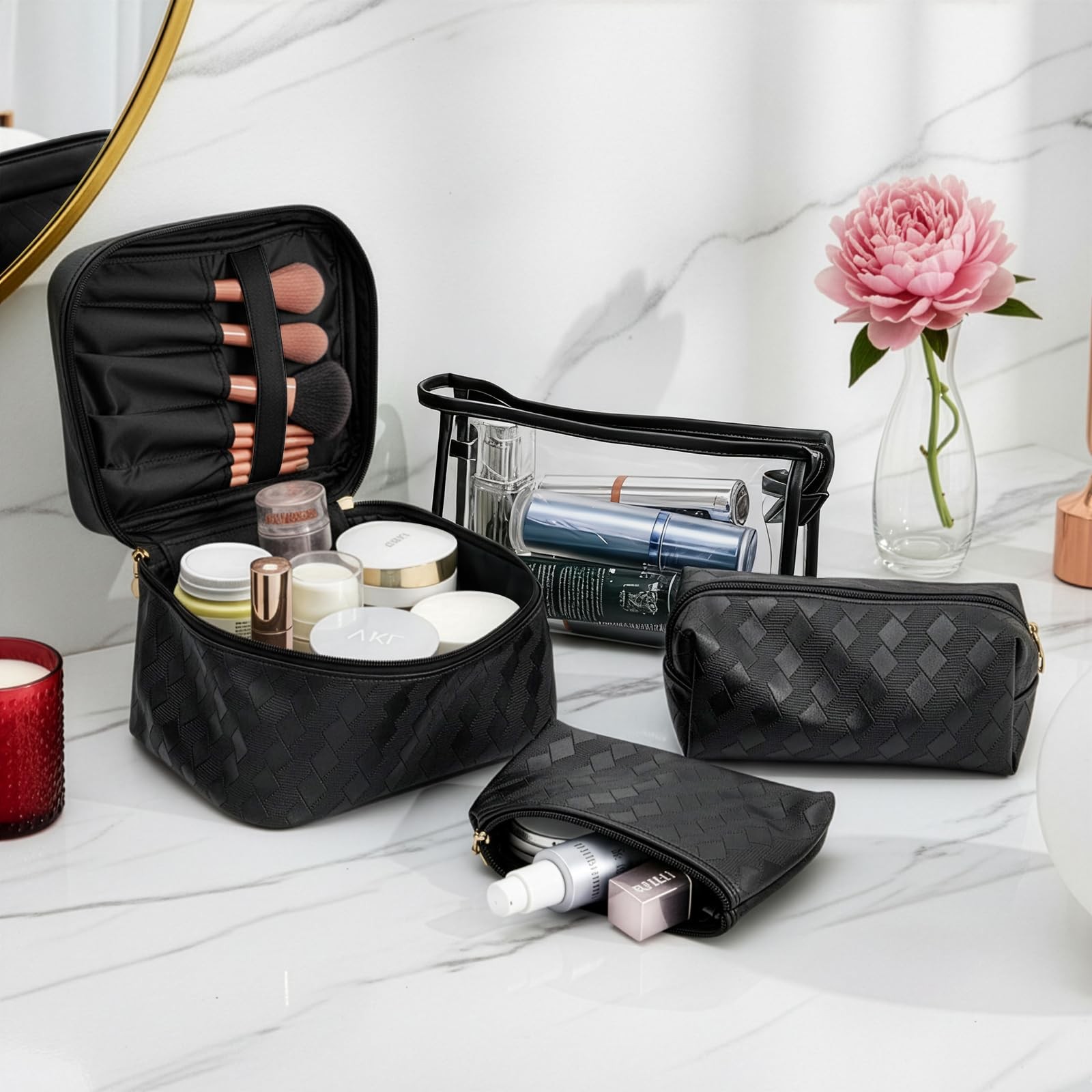 Hedume Set of 4 Makeup Bags, Black Leather Portable Travel Cosmetic
