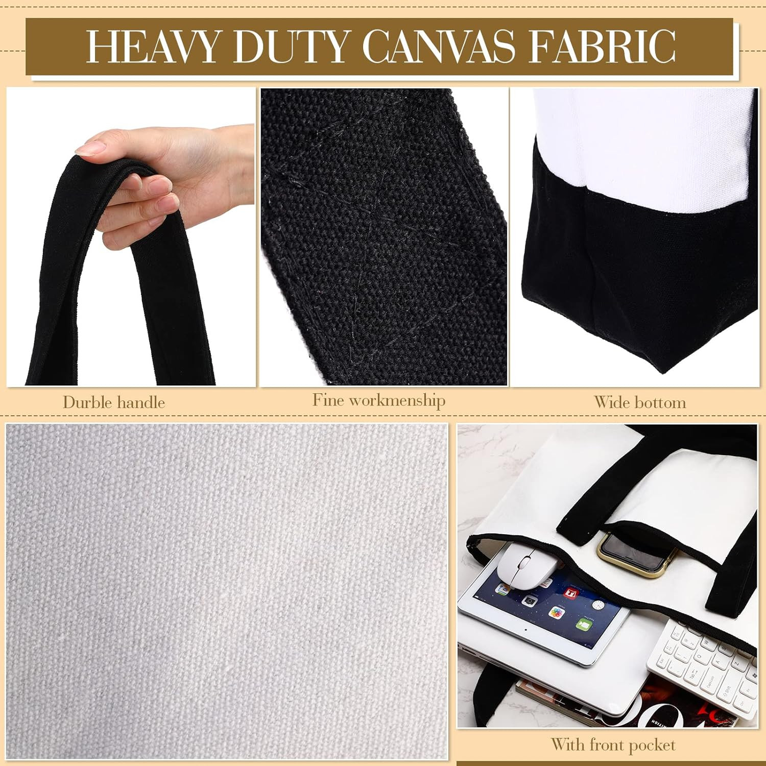 16 Pcs Reusable Canvas Tote Bags with Pocket – DIY Blank Grocery Bags