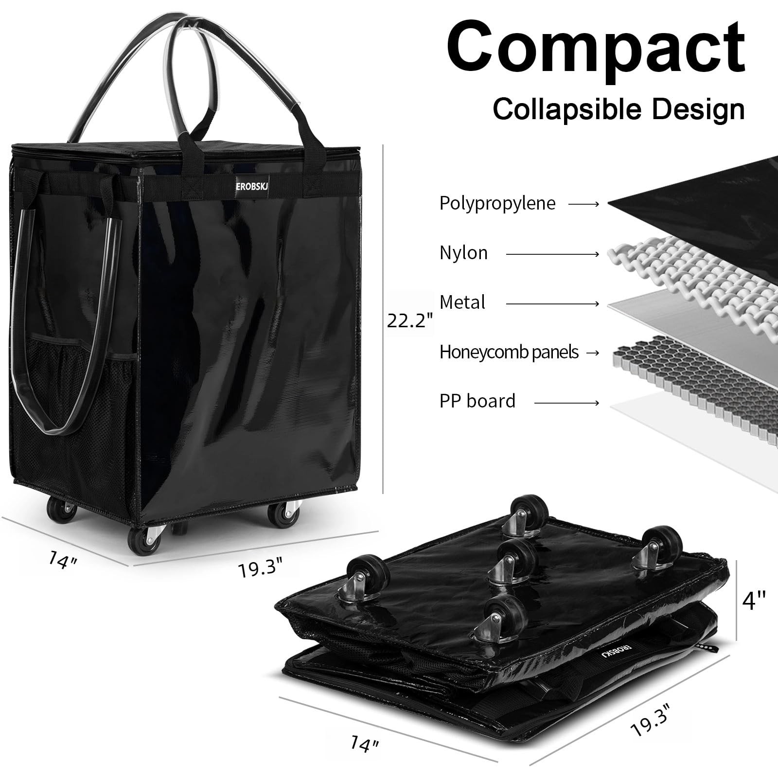 (Large,Black) Reusable Grocery Bag on Wheels, Foldable Rolling Tote, Carries …