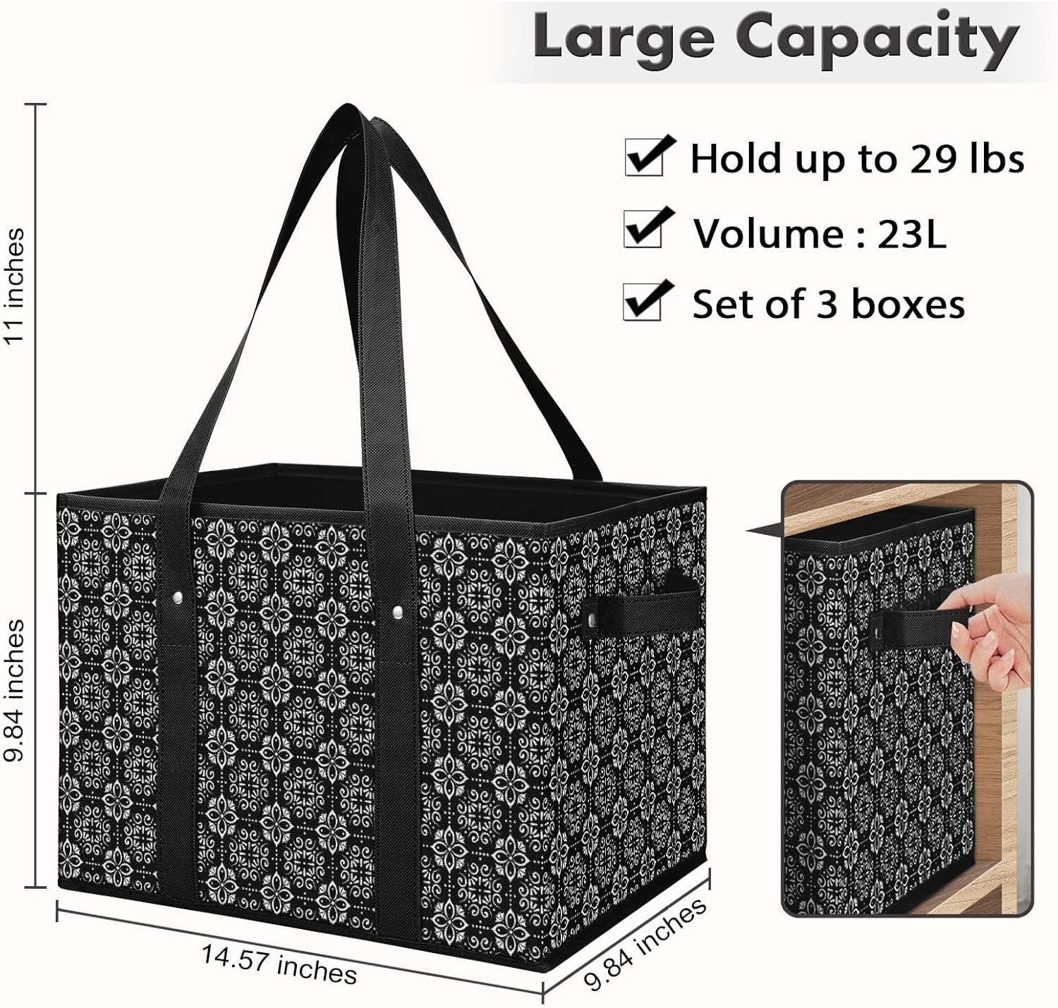 Black 3-Pack Heavy-Duty Reusable Grocery Bags, Foldable & Water-Resistant