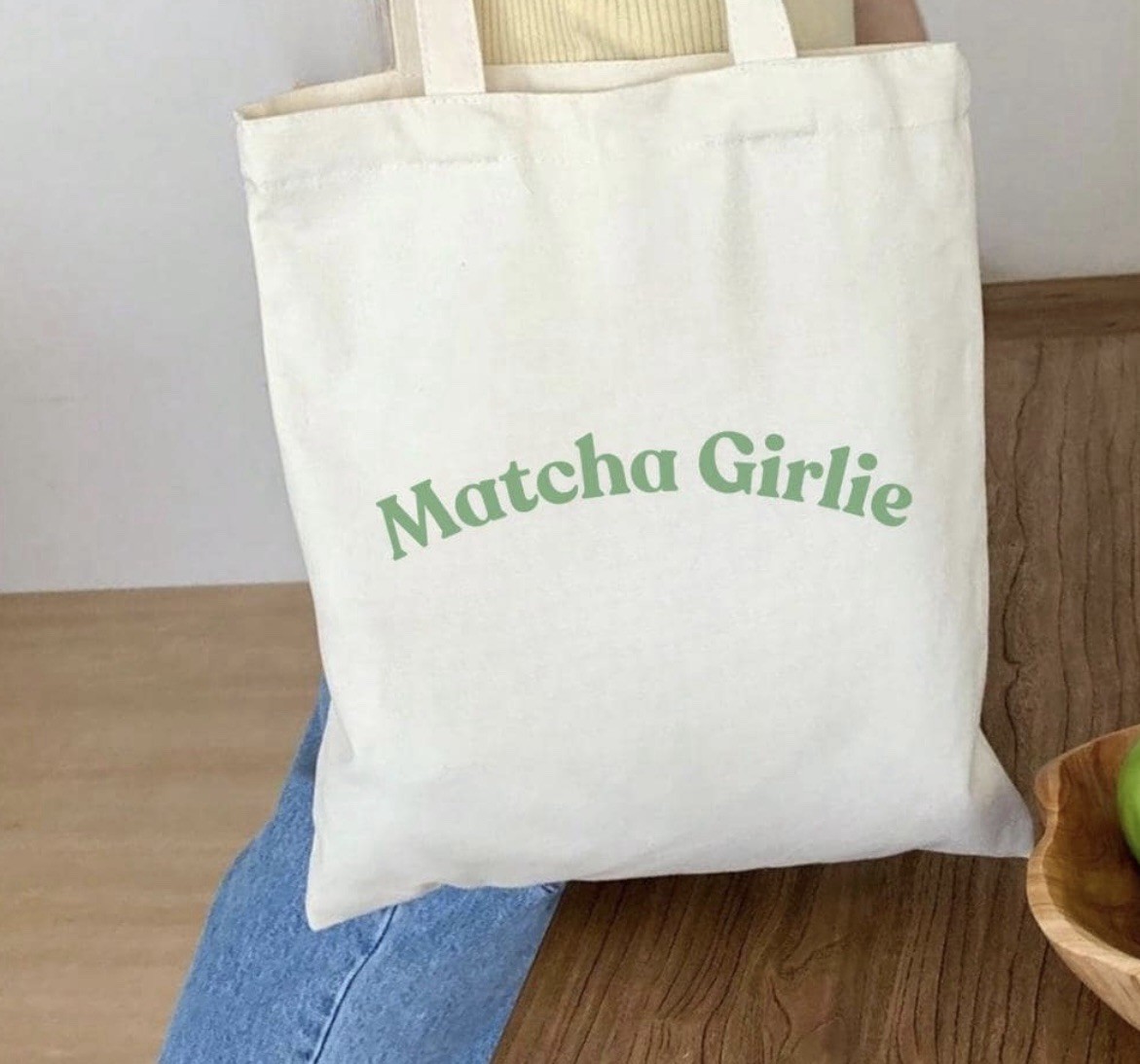 Matcha Girlie Canvas Tote Bag Reusable Foldable Beige Shopping Bag Text Print