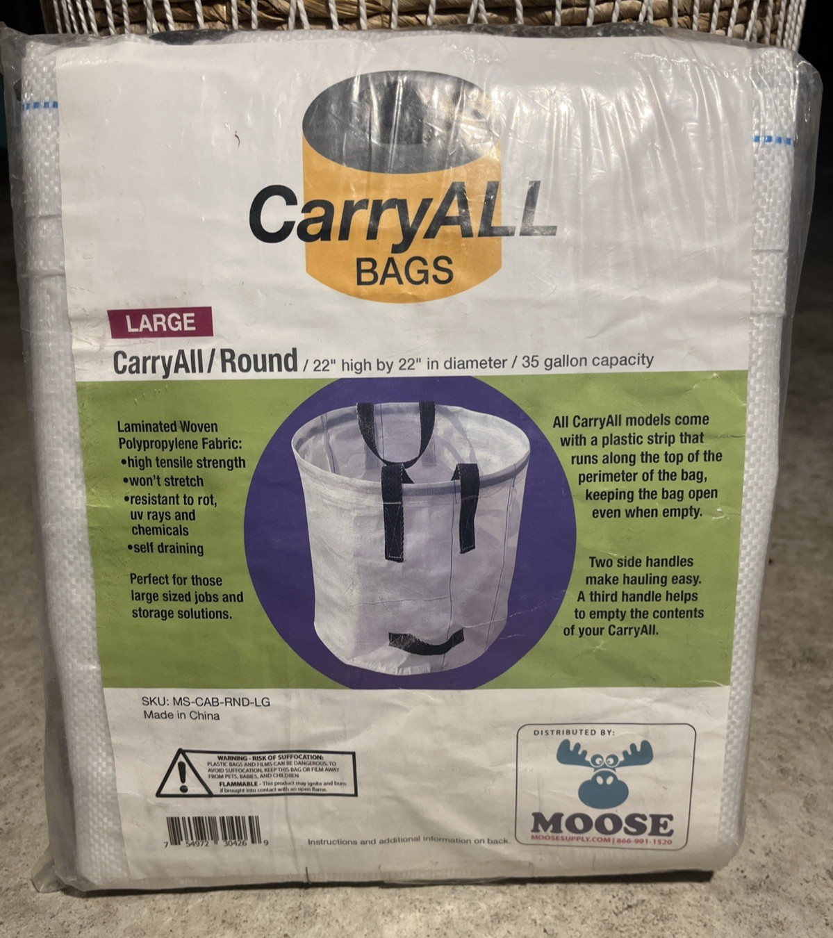 CarryAll Reusable Large Tote Bag / 22″ high by 22″ diameter / 35 gallon capacity