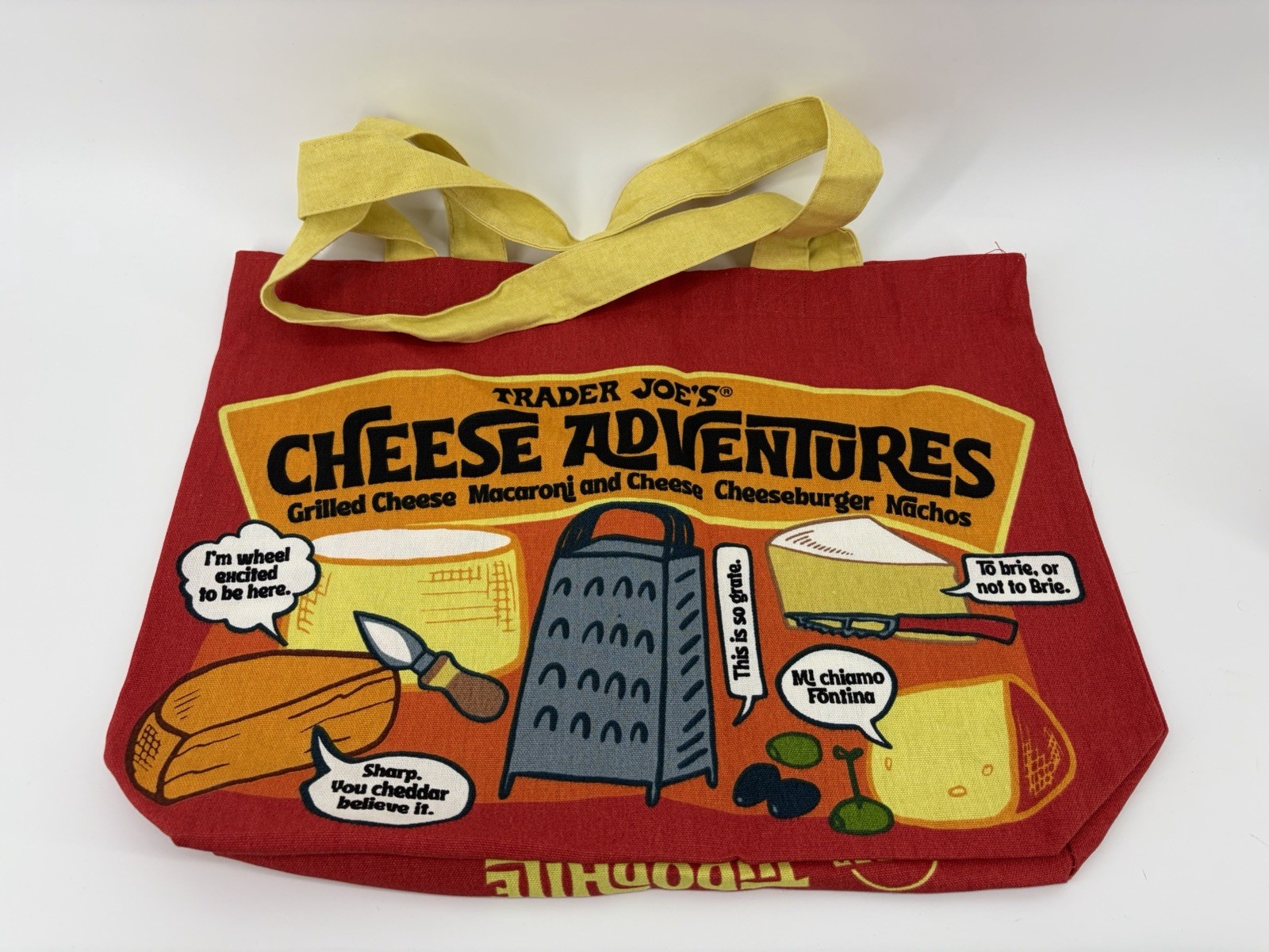 Trader Joe’s Bag Cheese Adventures Reusable Canvas Cotton Tote 13.5×18.5 NWOT