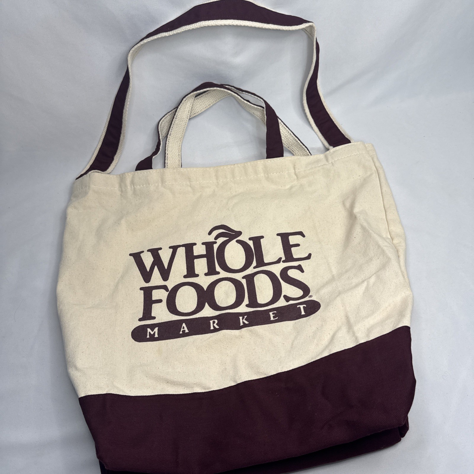 Vtg NEW Whole Foods Market Canvas Shopping Bag Tote Made in USA Maroon Natural