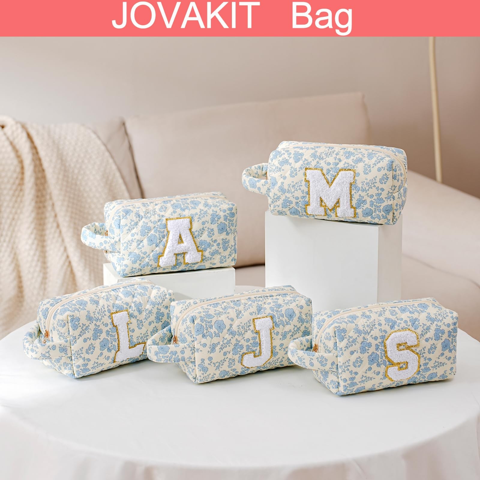 JOVAKIT Alphabet Makeup Bag Cosmetic 9.06 x 3.54 x 4.33 inches, Blue Floral