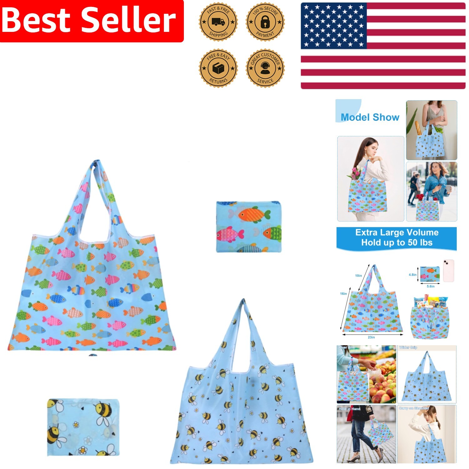 Washable Polyester Grocery Bags – Extra Large 50lbs, Eco-Friendly and Foldable