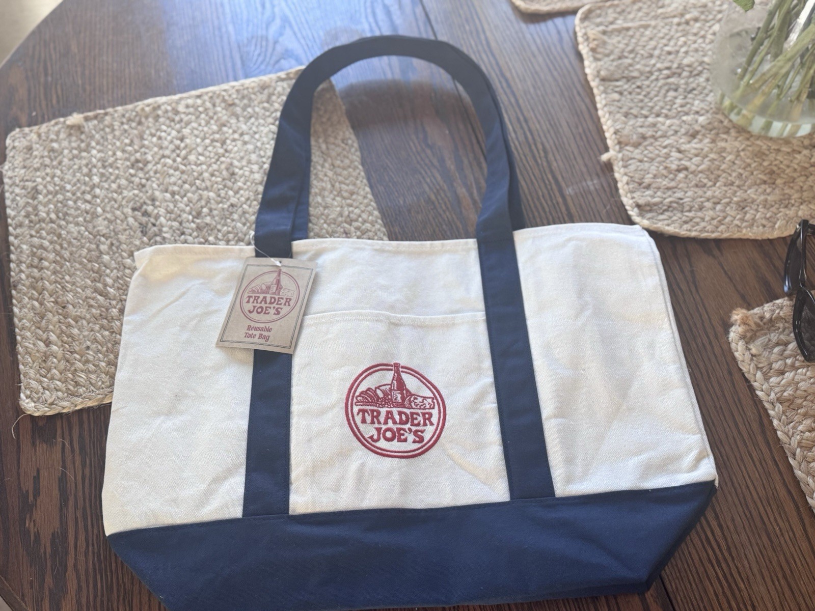 Trader Joe’s Reusable Canvas Tote Bag Beige with Navy Blue Solid Plain Shopper