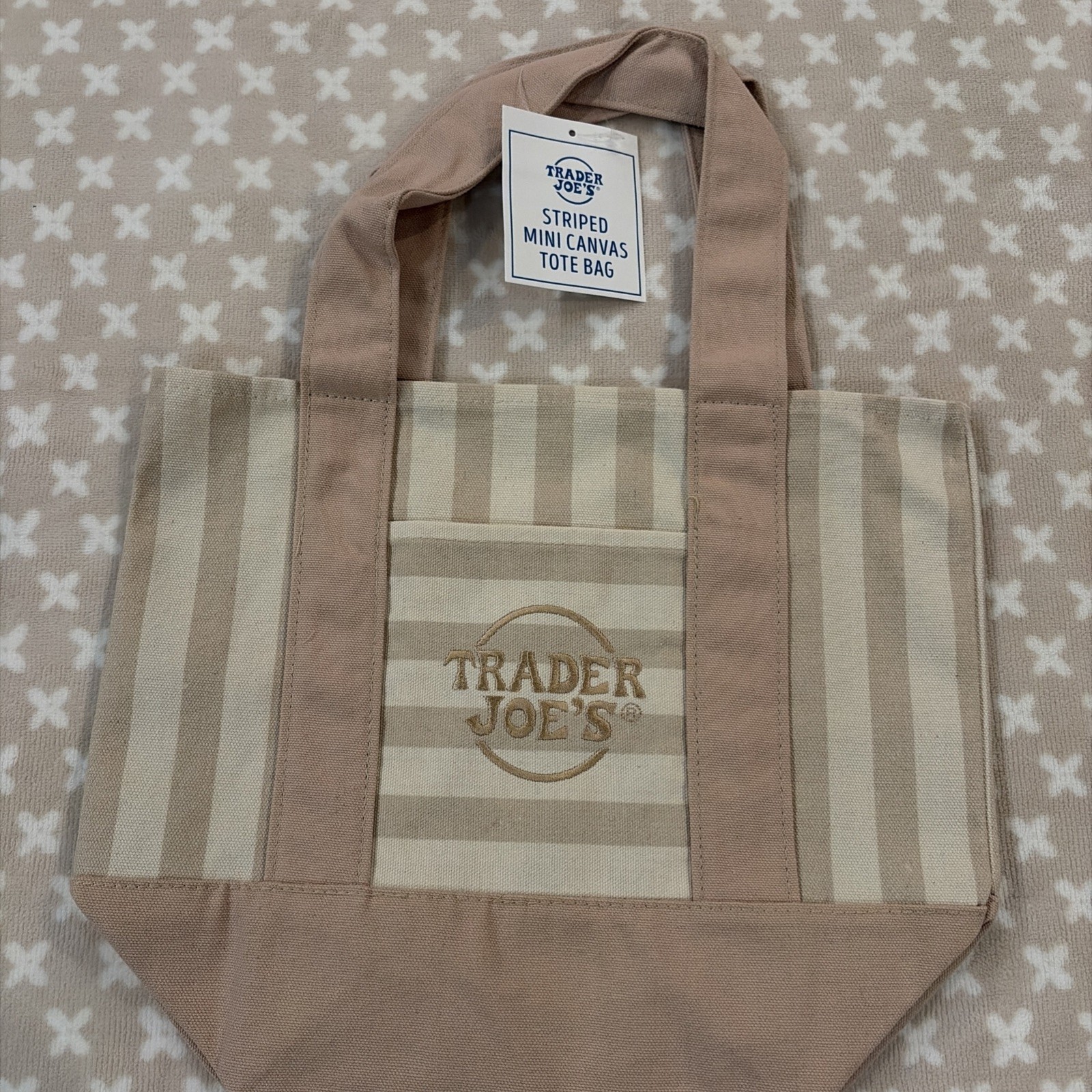 Trader Joe’s Mini Pastel Stripe Canvas Tote Bag Limited Edition Mocha Beige