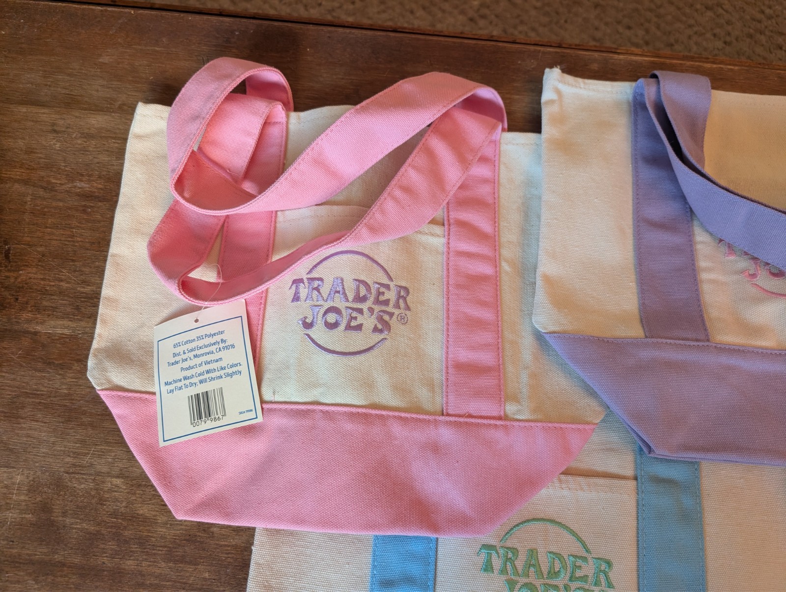 4 TRADER JOE’S Limited Pastel Canvas Tote Bag Pink, Purple, Blue, Green