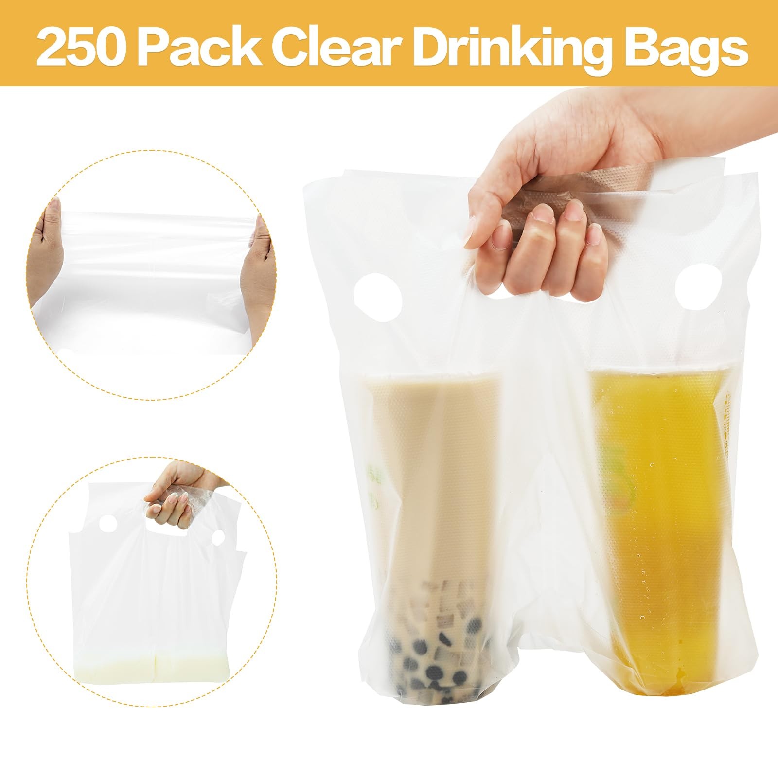 Cheardia 250 Pack Handle Drinking Poly Bags, Portable 2 Cup Medium, Clear