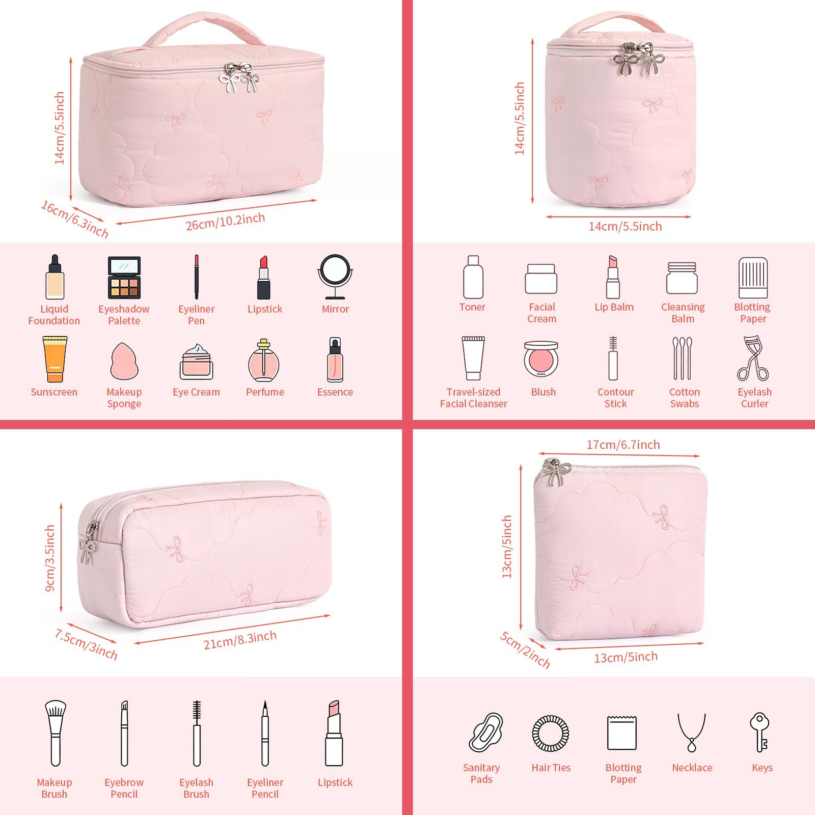 4Pcs Quilted Makeup Bag Set, Cute Bowknot Puffy 10.2 x 5.5 x 6.3 inches, Pink