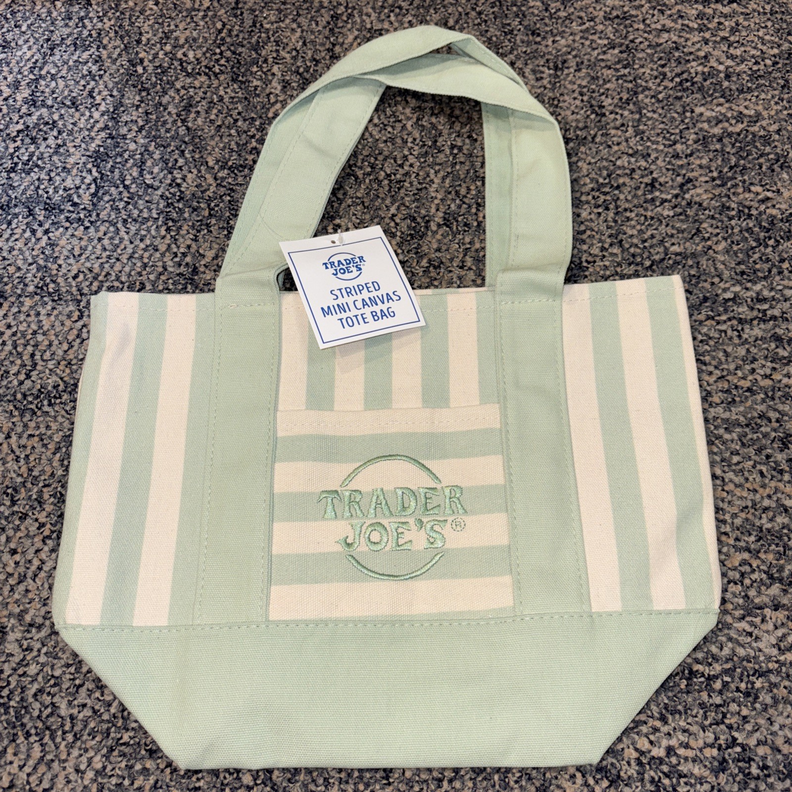 NWT Trader Joe’s Small Striped Tote Bag Green/White 12x6x10 Polyester/Cotton