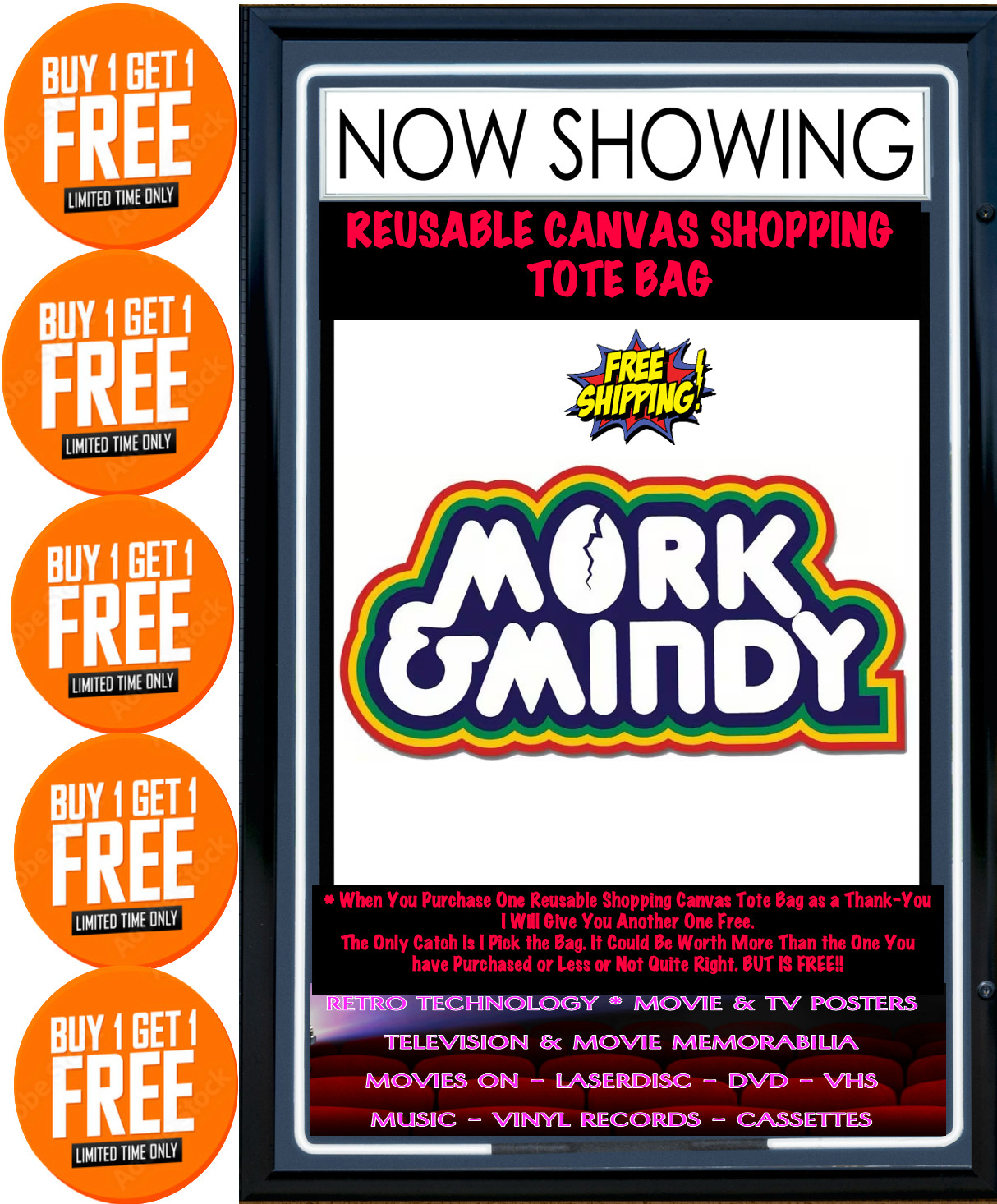 Mork and Mindy ’70’s Comedy Reusable Canvas Tote Bag Double Handles – Free Post