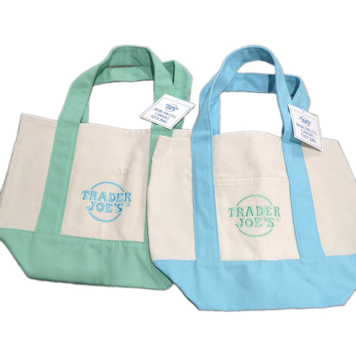 Brand New Mini Trader Joe’s Totes Set In Pastel Blue And Green
