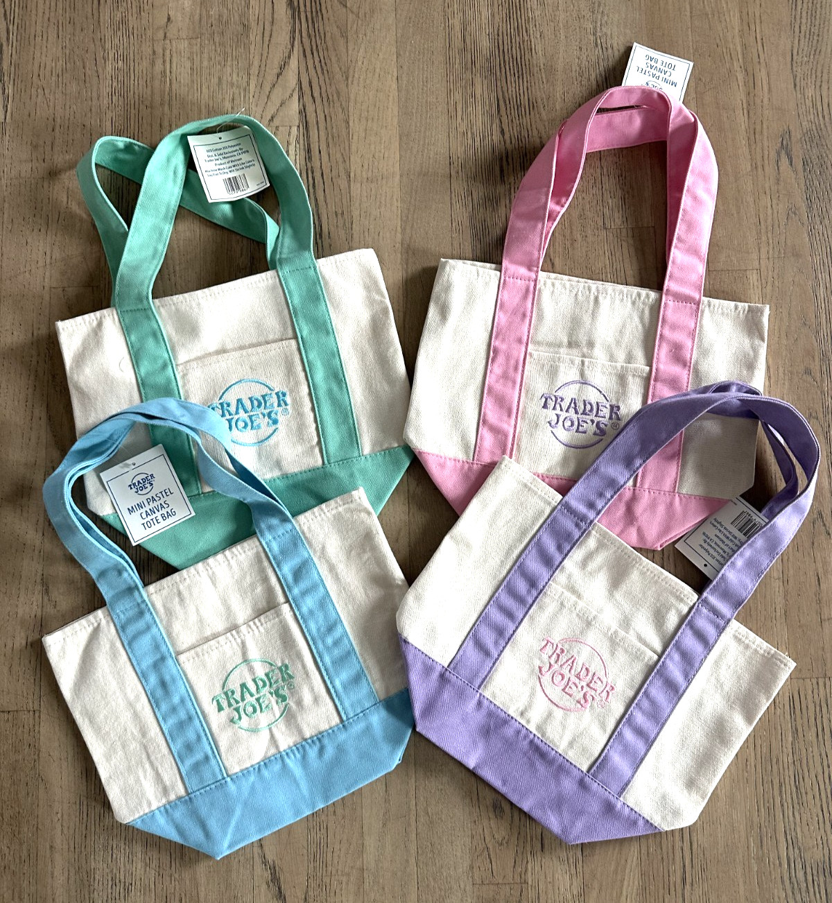Trader Joe’s 4 Mini Pastel Canvas Tote Bags Set Lavender Pink Blue Green NWT