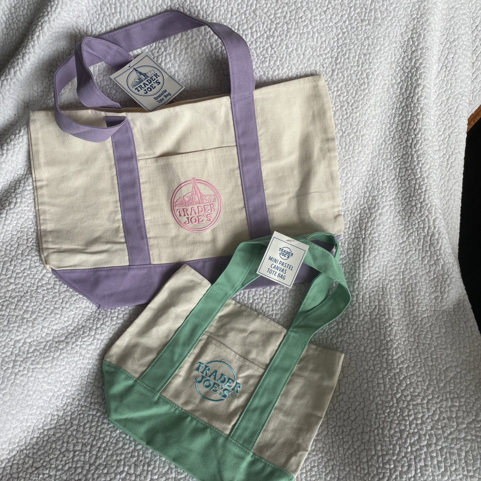 2 Trader Joe’s Canvas Bag NEW Large Purple/White & Mini Green/White