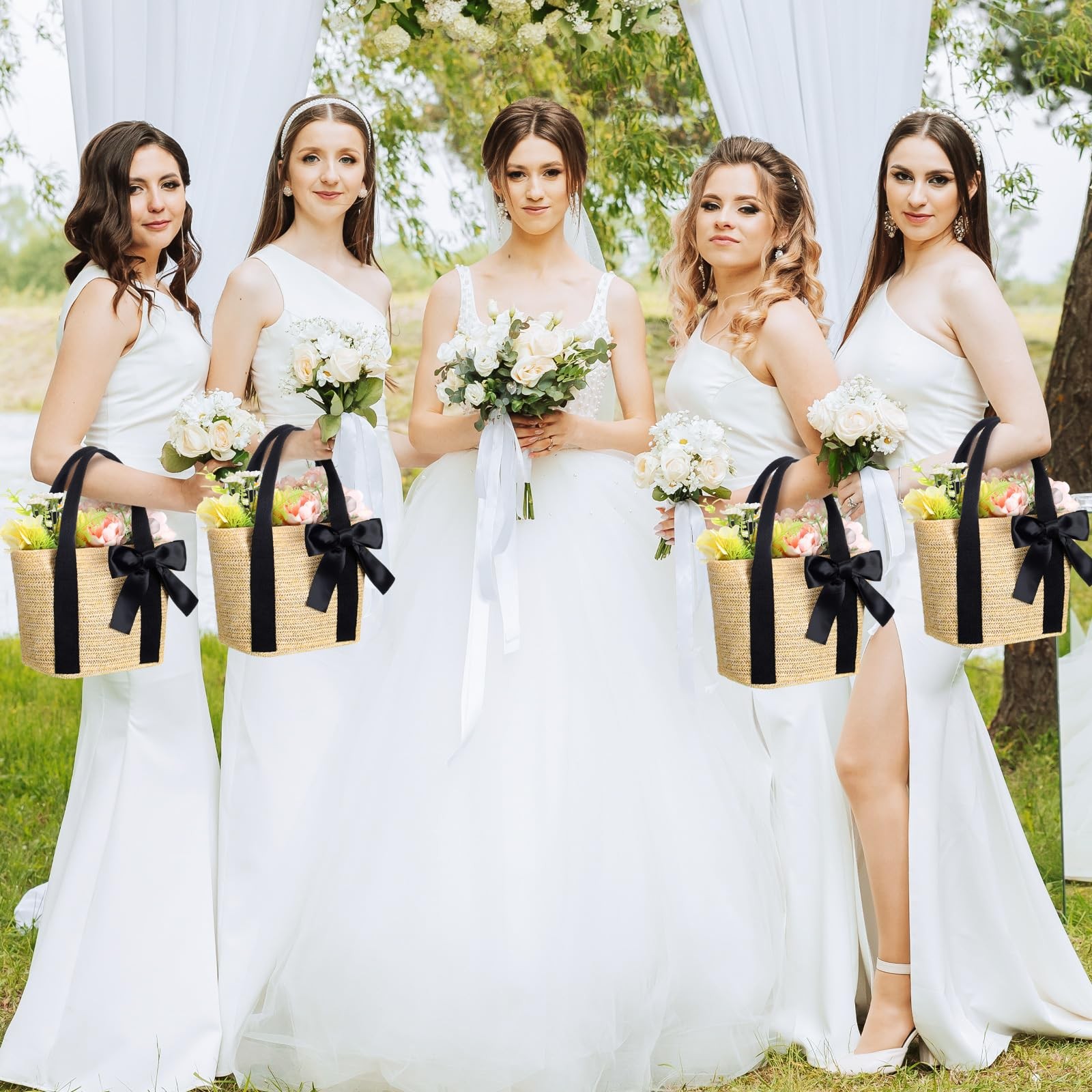 6 Pcs Bridesmaid Straw Beach Bags Reusable Woven Burlap Tote Bags with Handle…