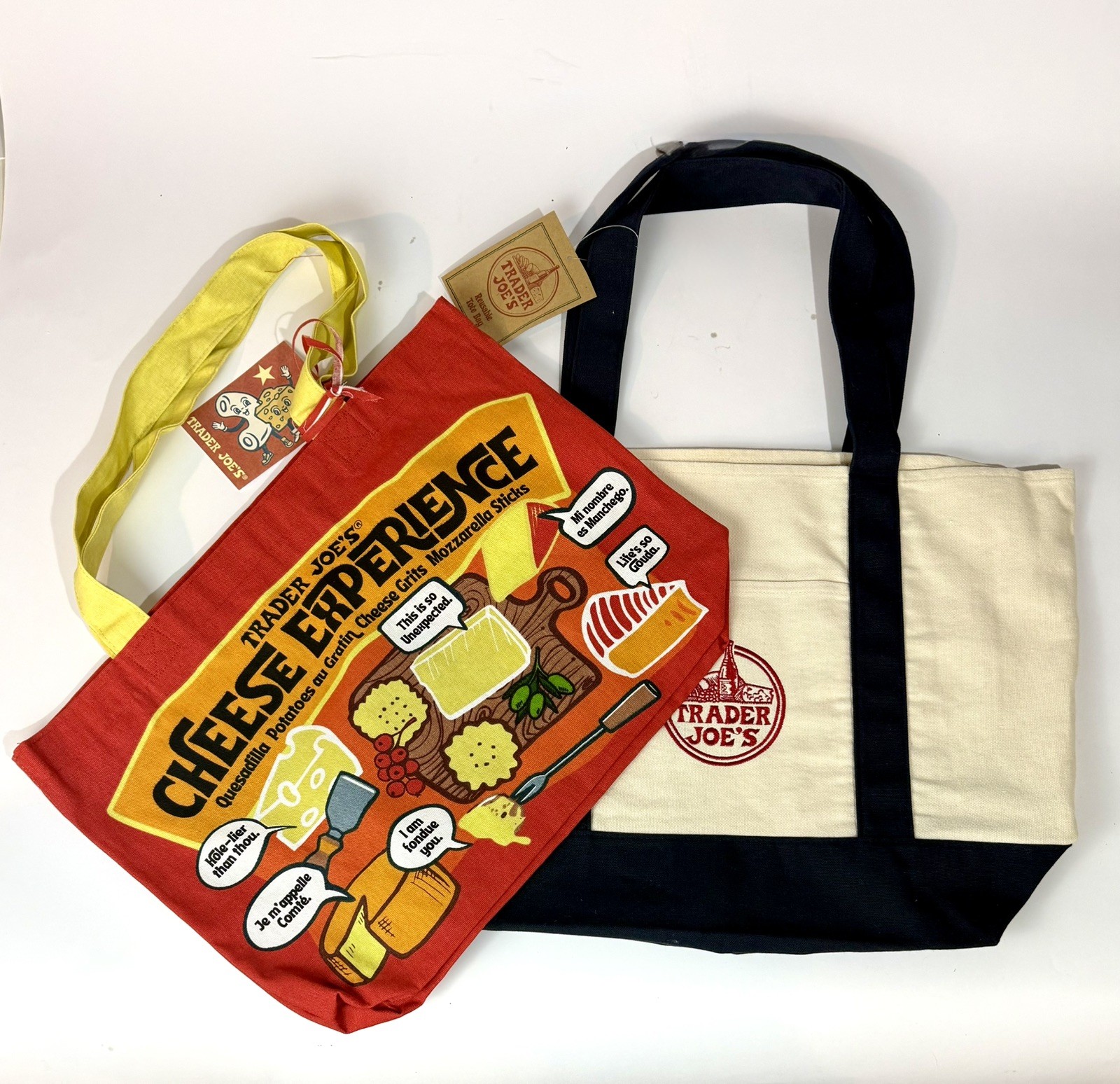 Set Of 2 NEW – Trader Joe’s Large Cheese Tote & Large Tote Bag Dark Blue/Cream