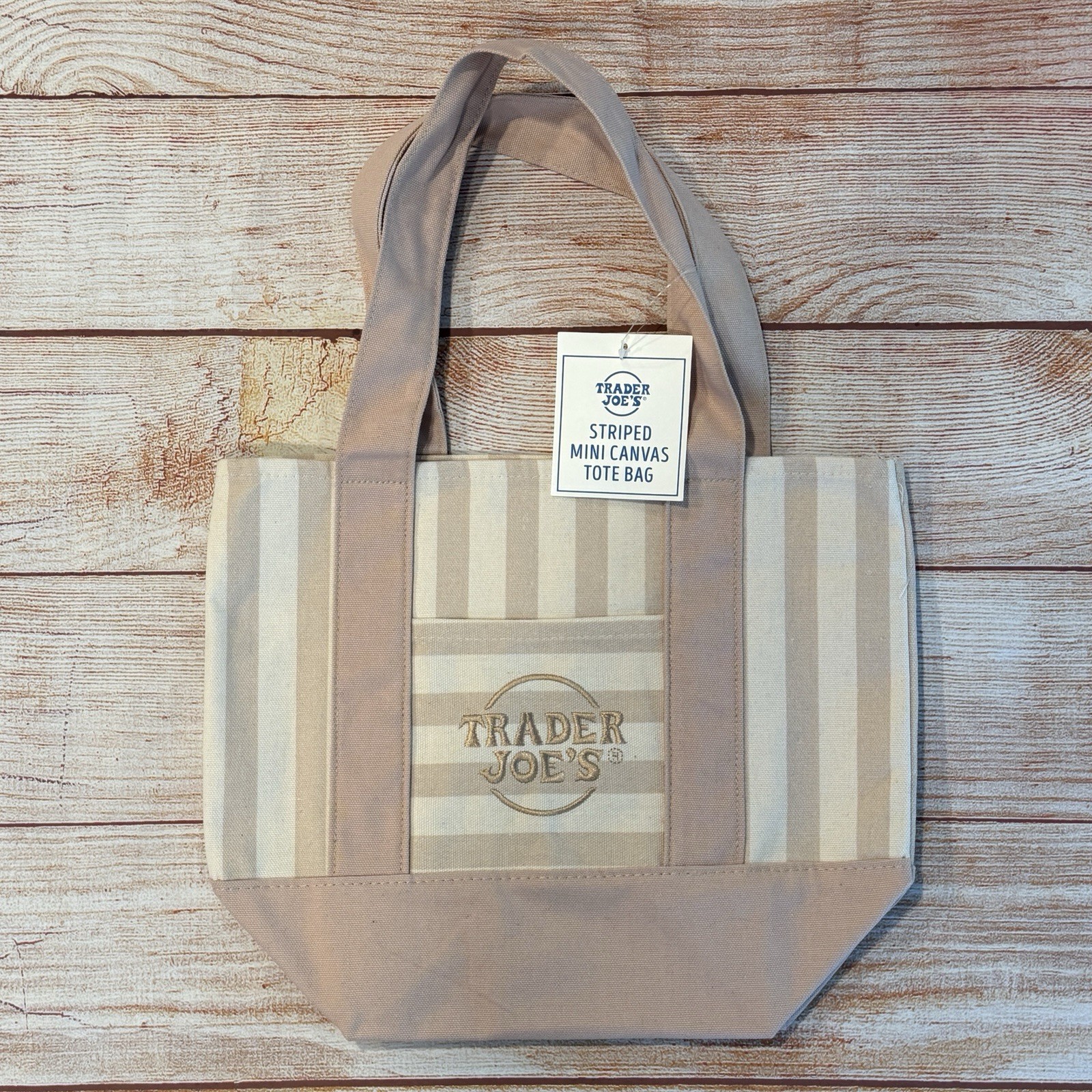 Trader Joe’s Mini Pastel Stripe Canvas Tote Bag Beige Taupe Tan Limited Edition