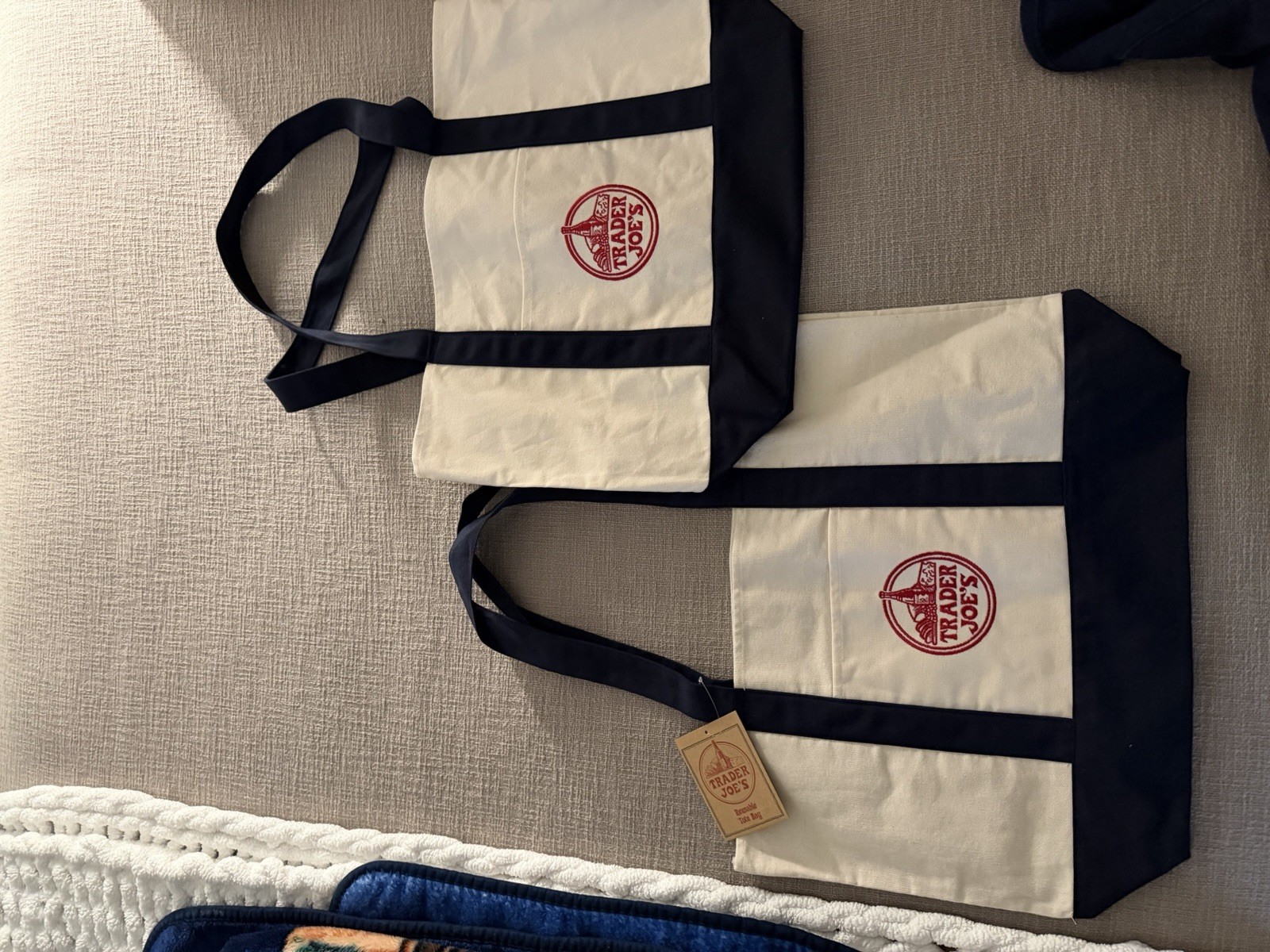 Trader Joe’s Foldable Canvas Tote Bag Set, Beige & Navy Blue, 2-Piece