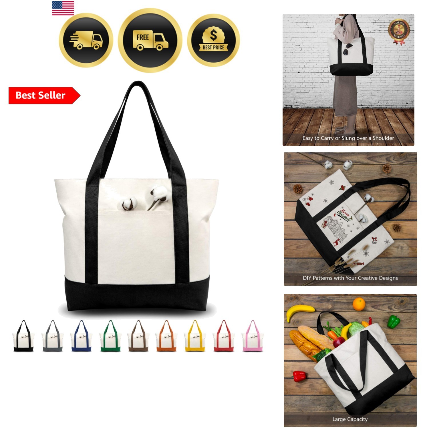 1 | 3 | 6 | 30 Pack Canvas Tote Bag with an External Pocket, Reusable Grocery…