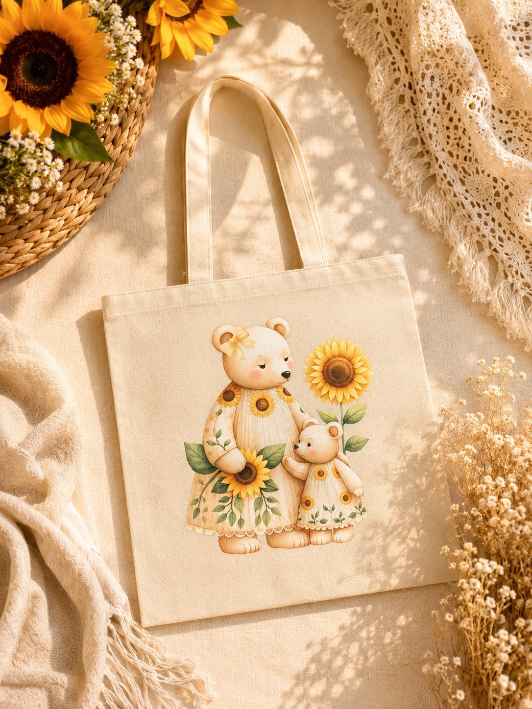 Beige Canvas 100% Cotton Tote Bag with Bear and Sunflower Print, 15×16 in