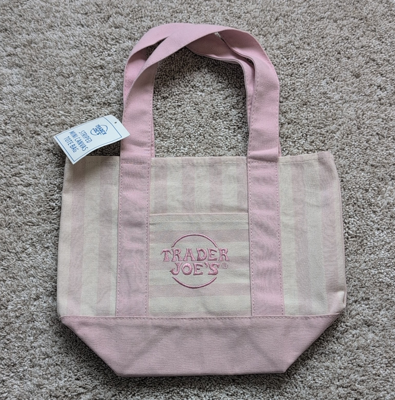 Trader Joe’s Mini Canvas Tote Bag Pink/Beige Striped 13x10x6 in New