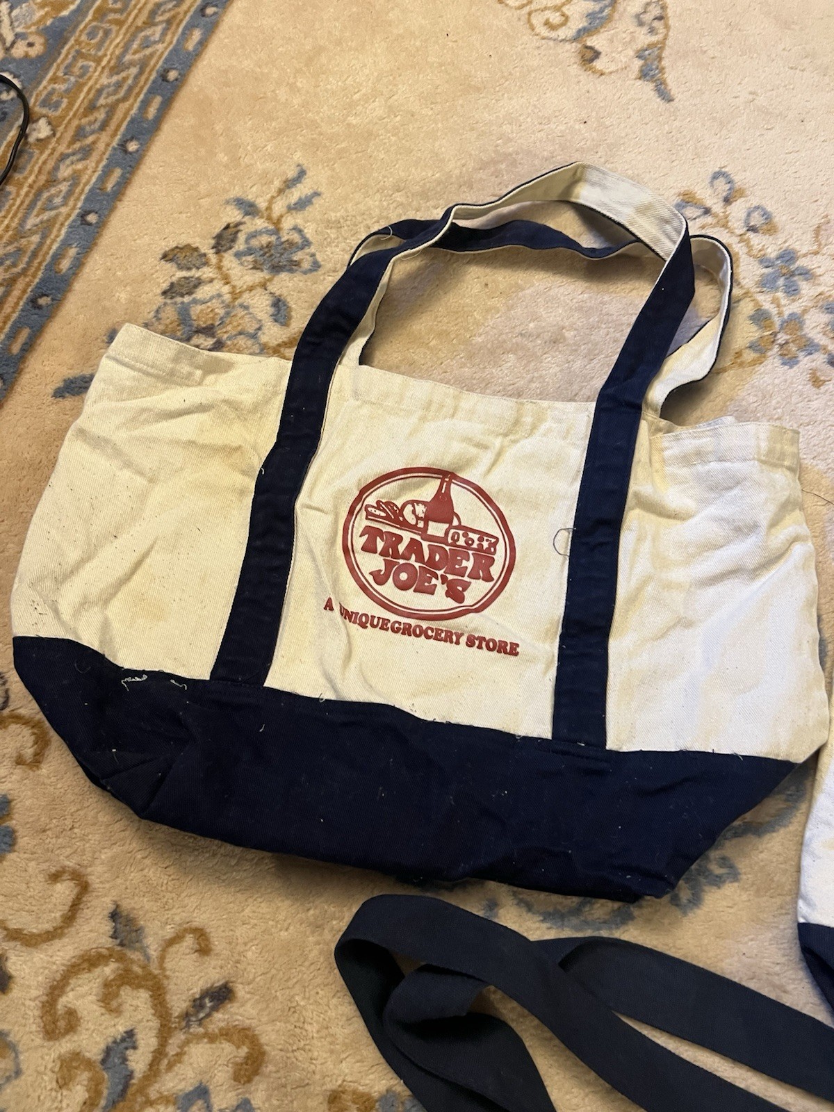 3 Trader Joe’s Canvas Tote Bag Retro Logo Double Sided Blue Unique Lot Vtg