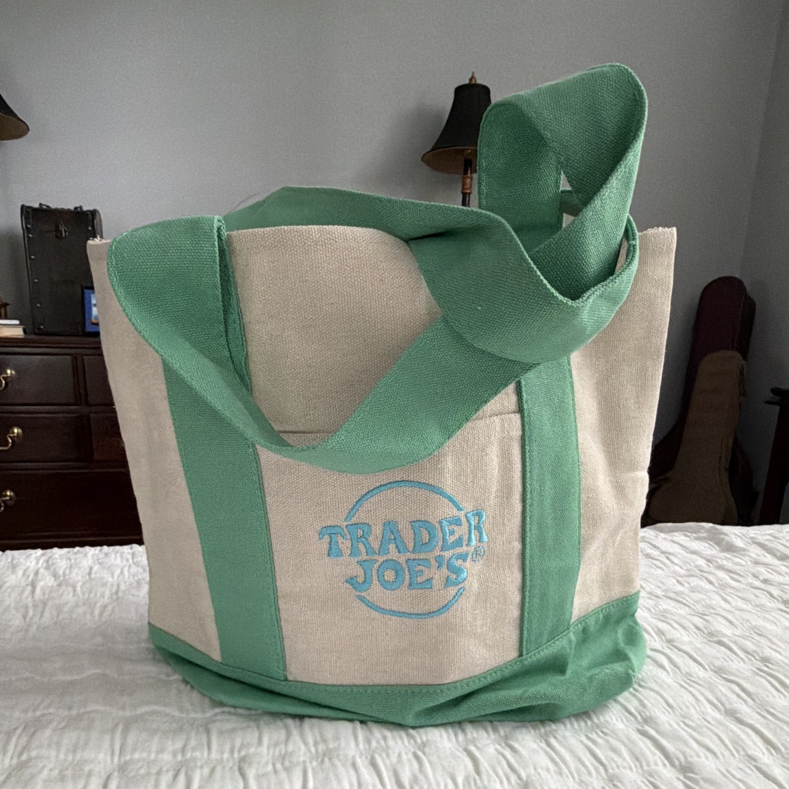 Trader Joe’s Mini Pastel Canvas Tote Bag Green/Beige Logo Cotton/Poly 11x10x6