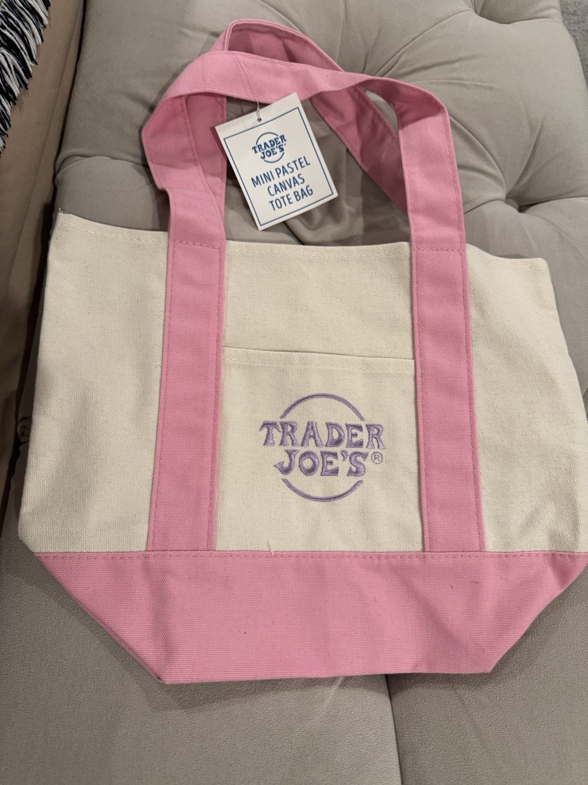 Trader Joe’s Mini Canvas Tote Bag Pink/Beige Logo 13x6x10 in New