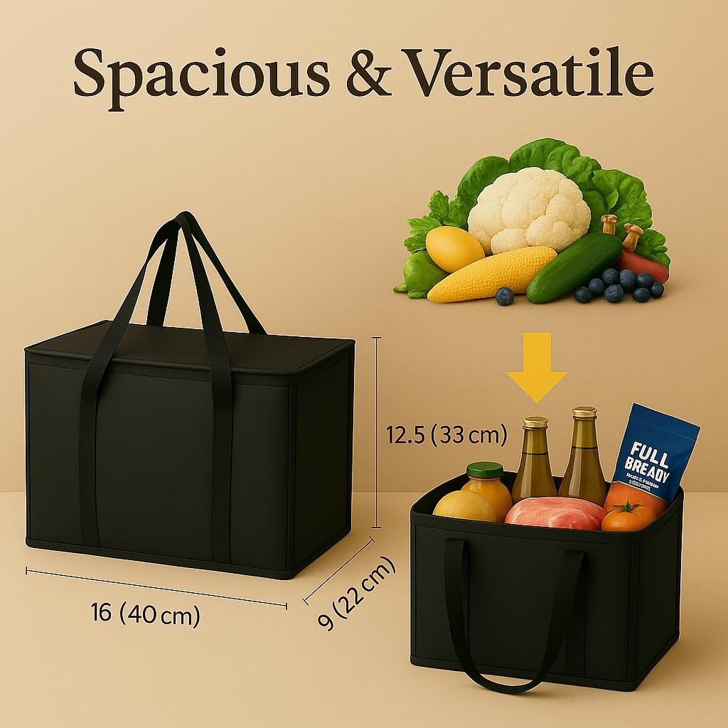 2-Pack, XL-Large Insulated Grocery Shopping Bags, Black, Reusable Bag,Thermal…