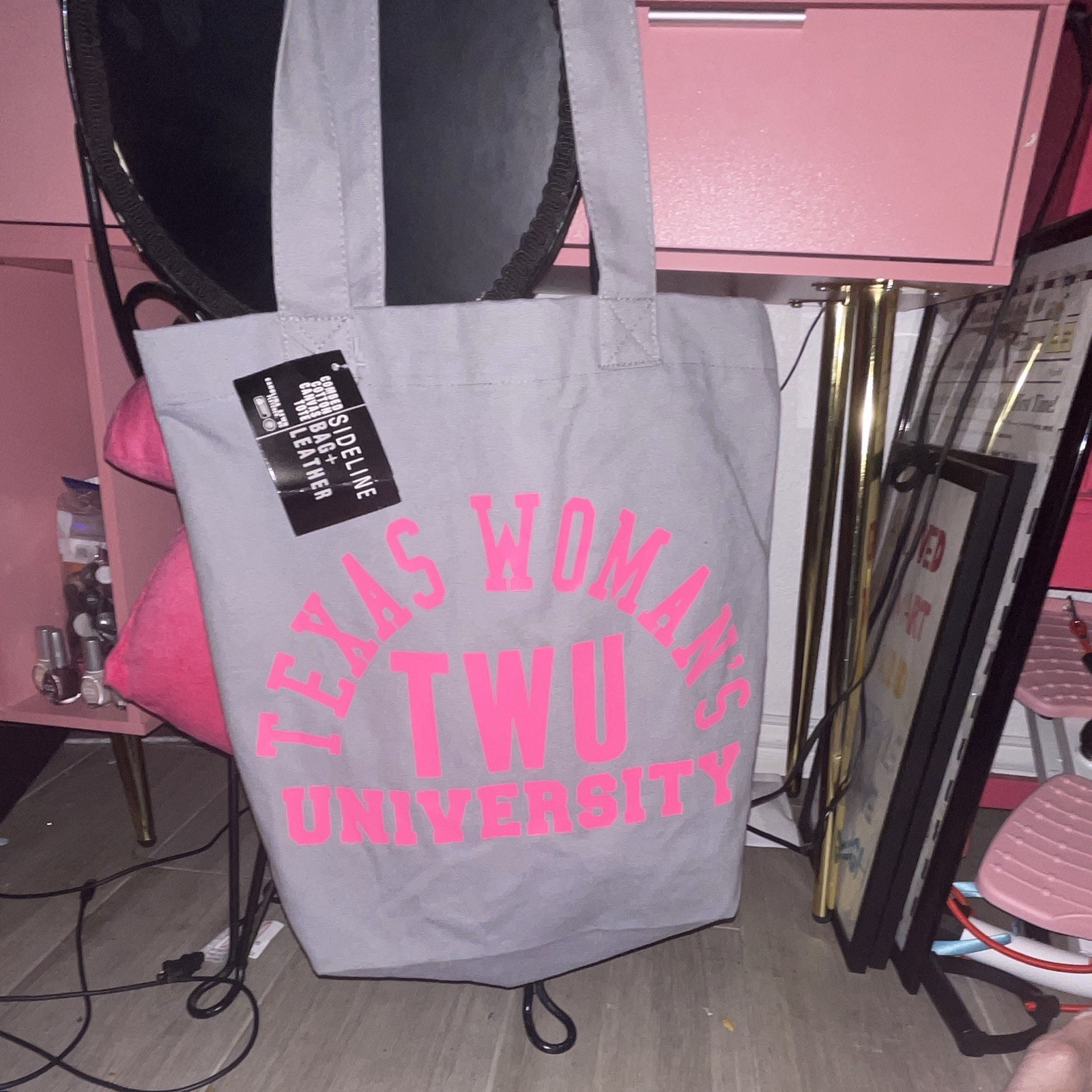Texas Woman’s University TWU Gray Pink Text Tote Reusable Shopping Bag 15×16