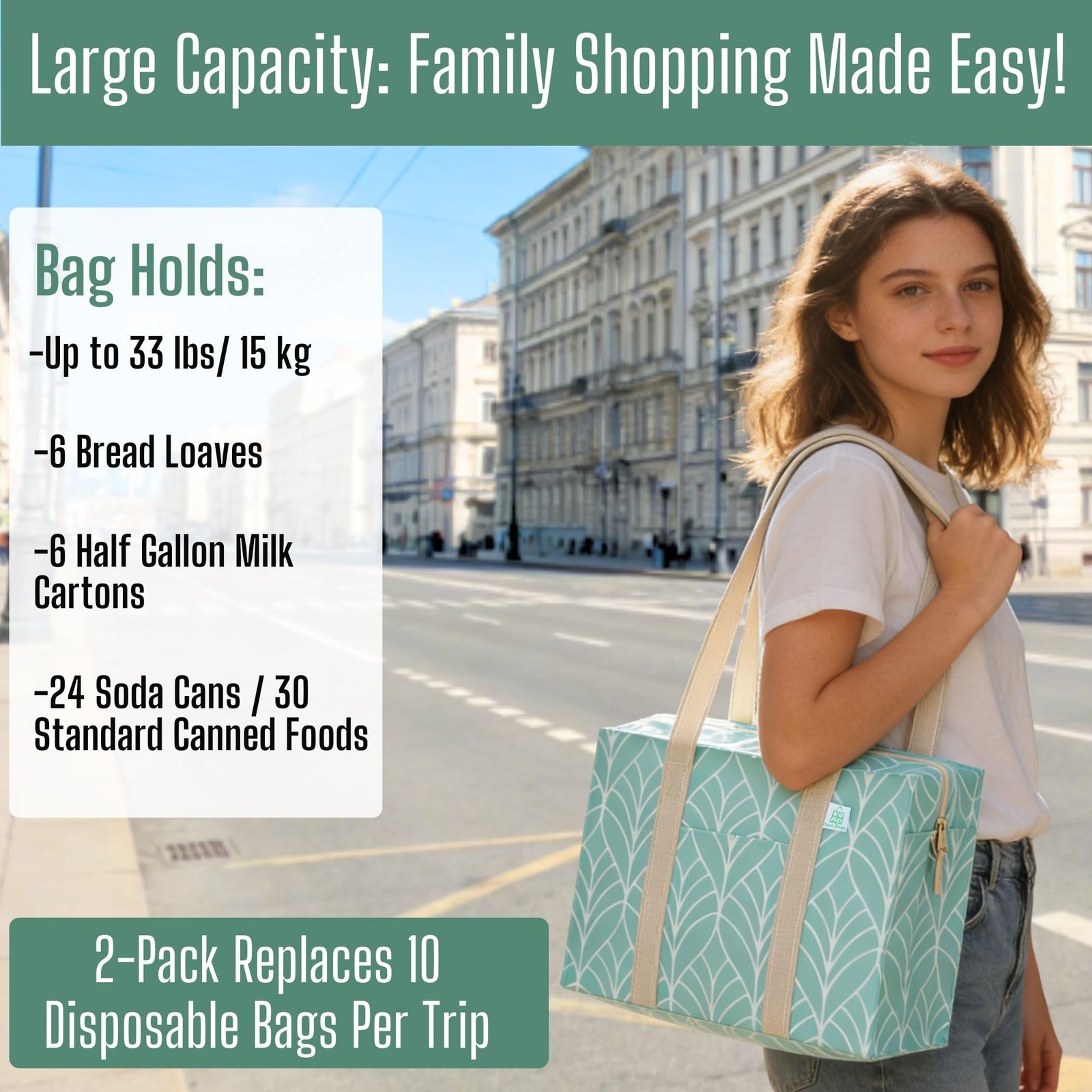 2 Pack Reusable Grocery Bags with Zipper, Heavy Duty Utility Tote with Hard B…