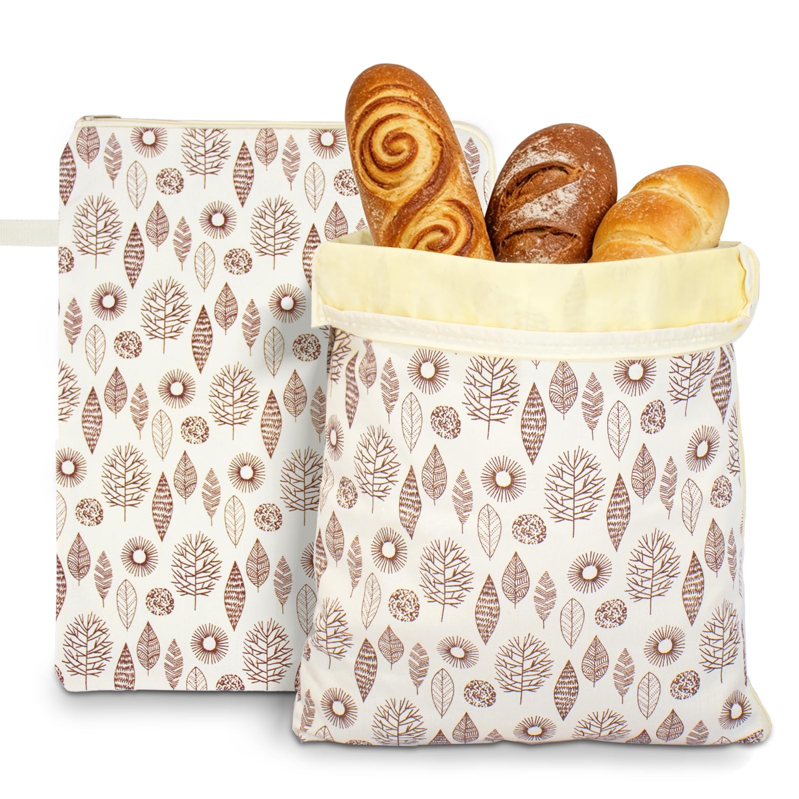 Wide Zipper Access Beeswax Bread Bags for X-Large, Leaf Printed Pattern