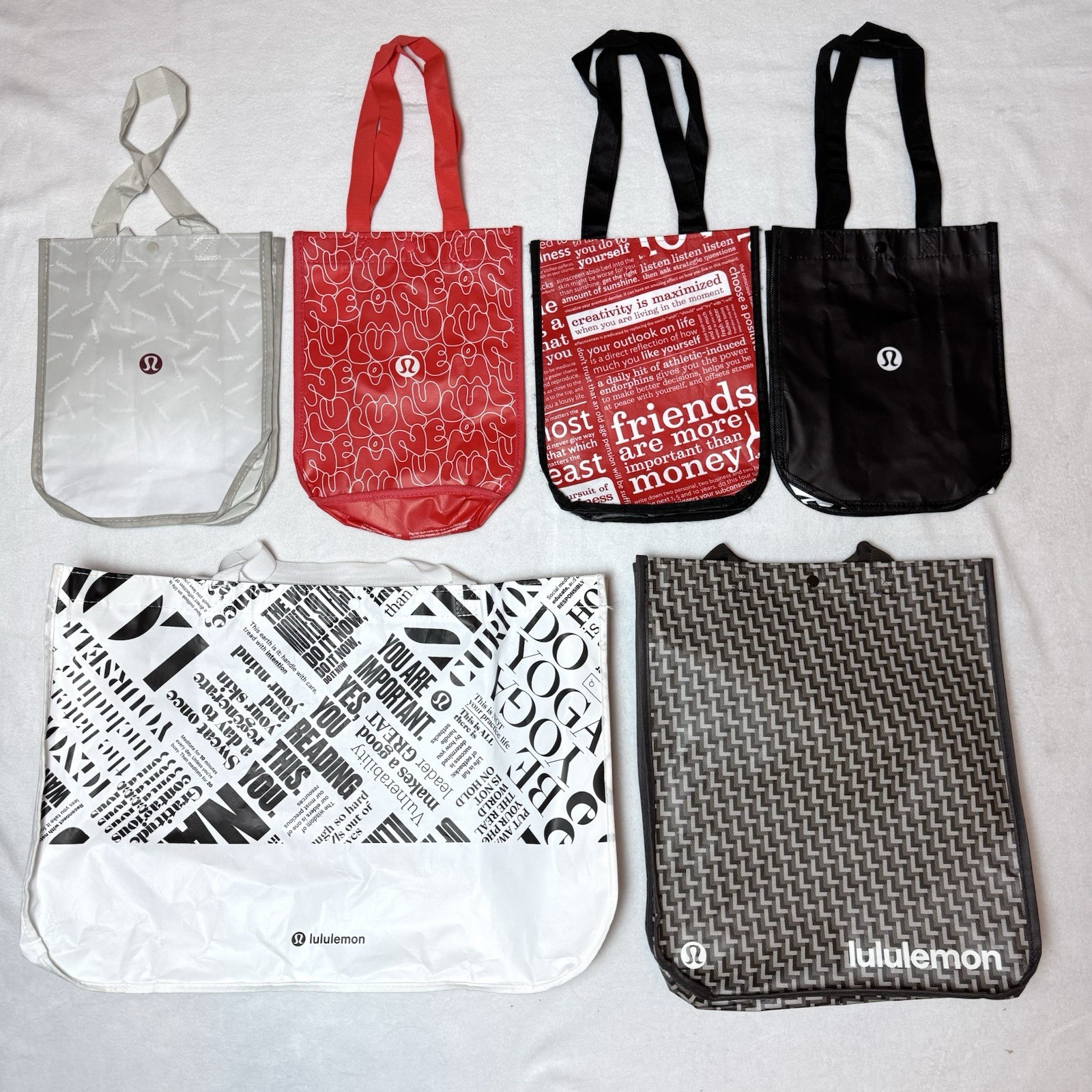 Lululemon Reusable Shopping Tote Bag Lot of 6 Large Small Bags Snap Close
