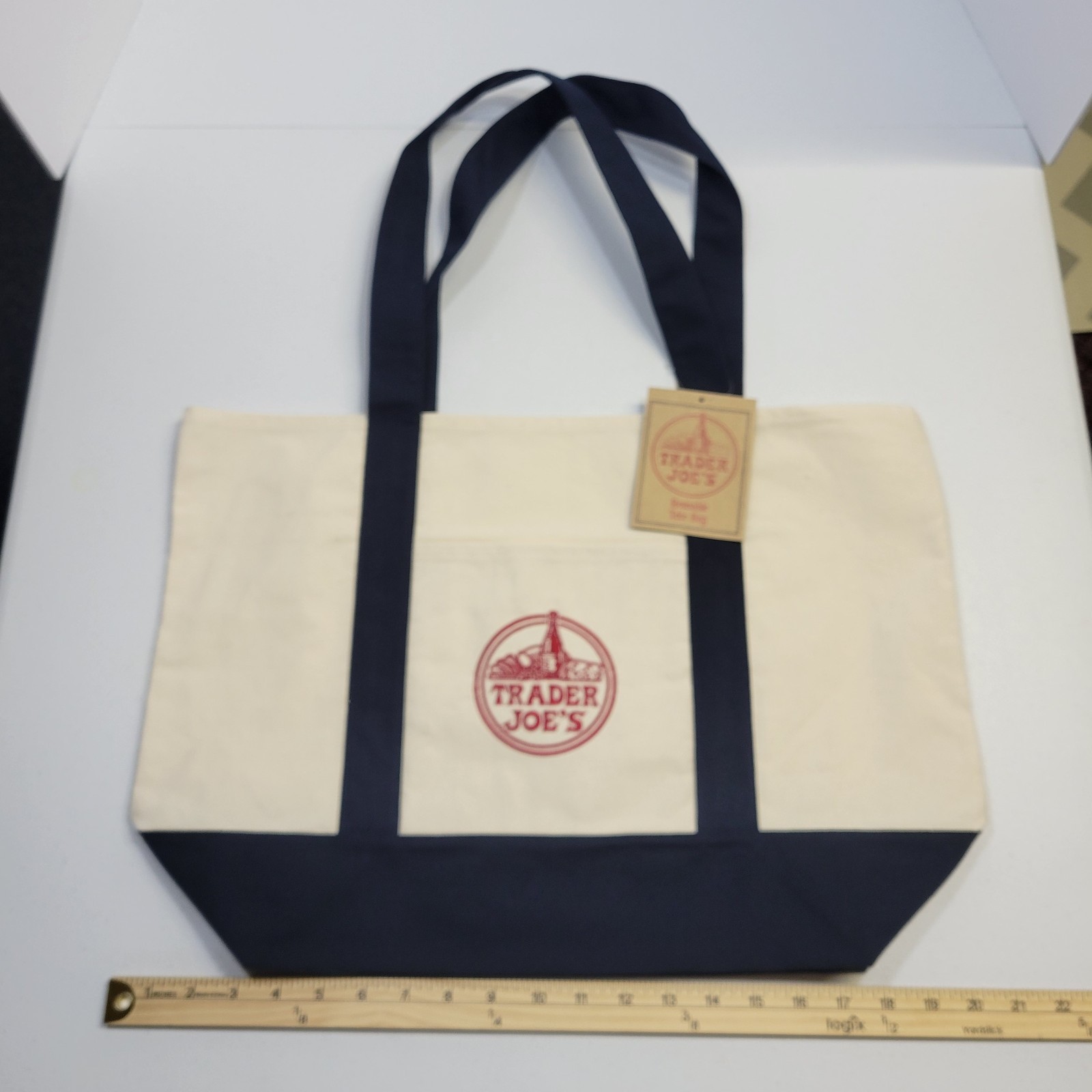 NWT Trader Joe’s Large Canvas Tote Reusable Bag 20x14x6″ Navy Blue/White * NEW *