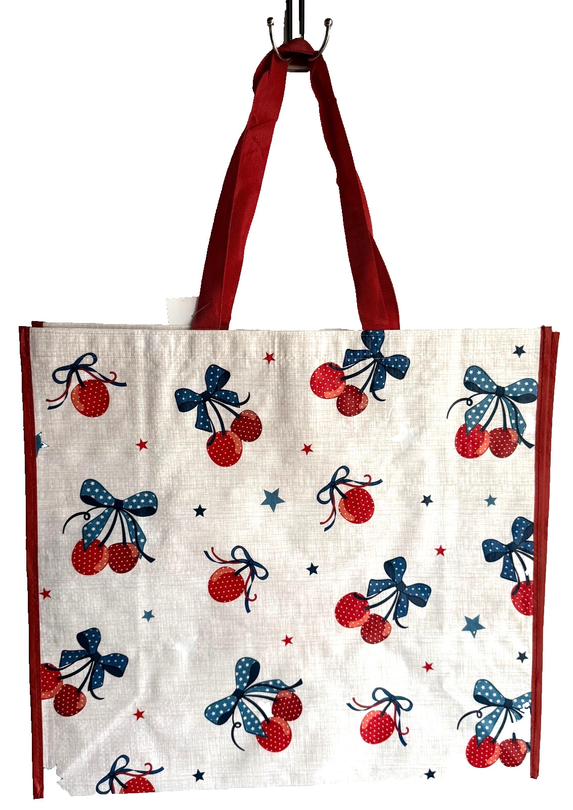 HOMEGOODS REUSABLE LARGE SHOPPING BAG 20″ X 18″ NEW RED WHITE BLUE CHERRY BERRY