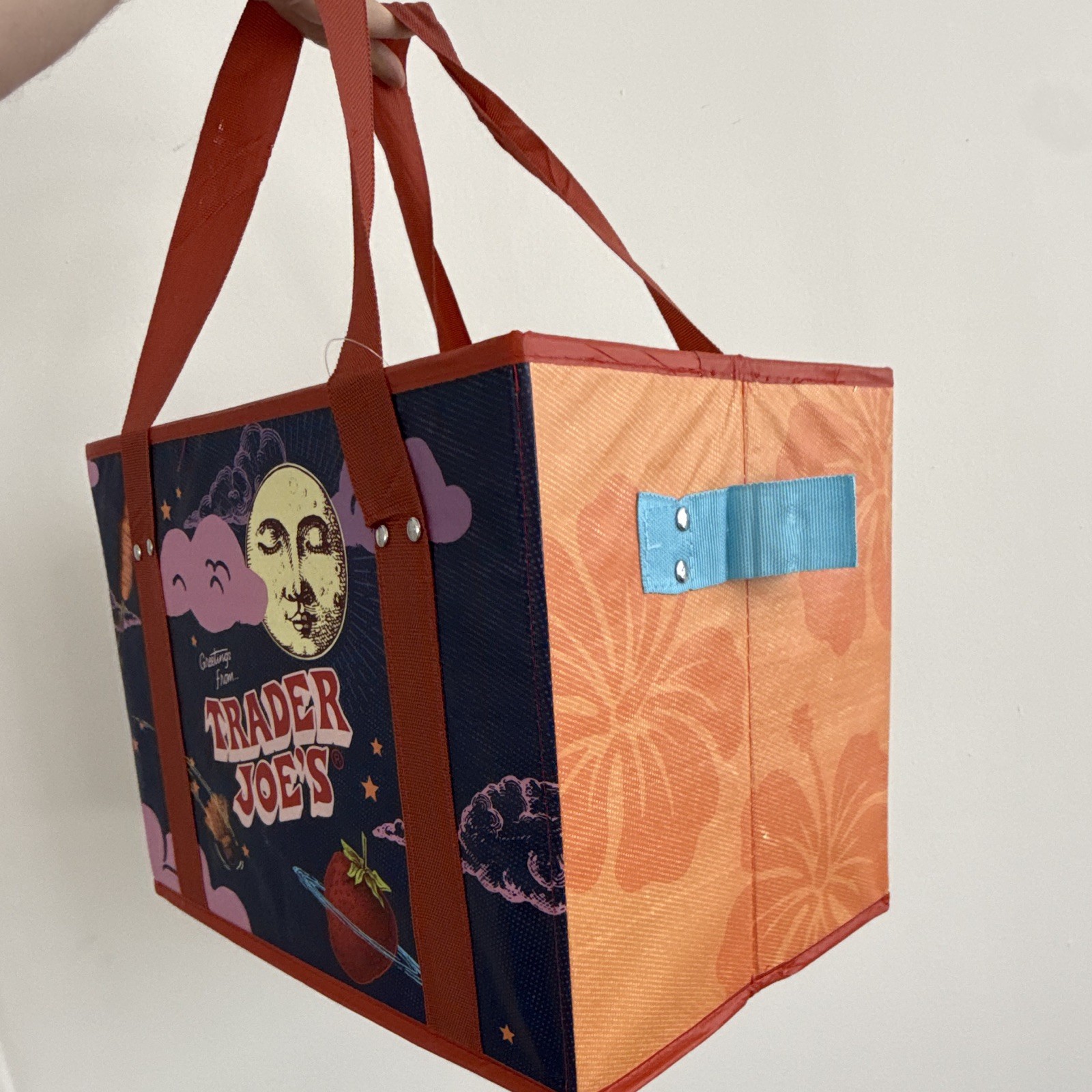 Trader Joe’s Reusable Tote Bag All-Over Print Blue/Orange/Red/Purple 15x10x11