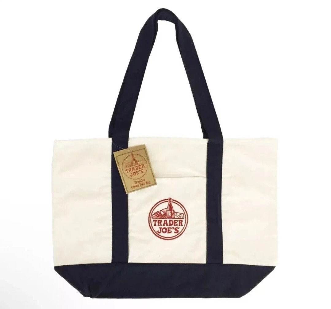 Trader Joe’s LARGE Reusable Heavy Canvas Shopping Bag, Off White & Navy Blue