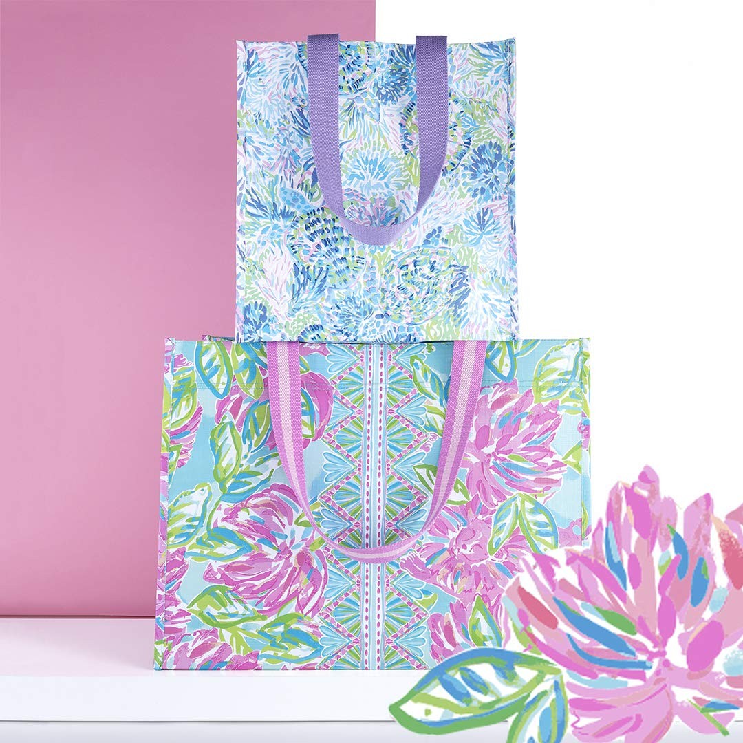 Lilly Pulitzer Purple/Blue Market Shopper Bag, Reusable Grocery Tote with Com…