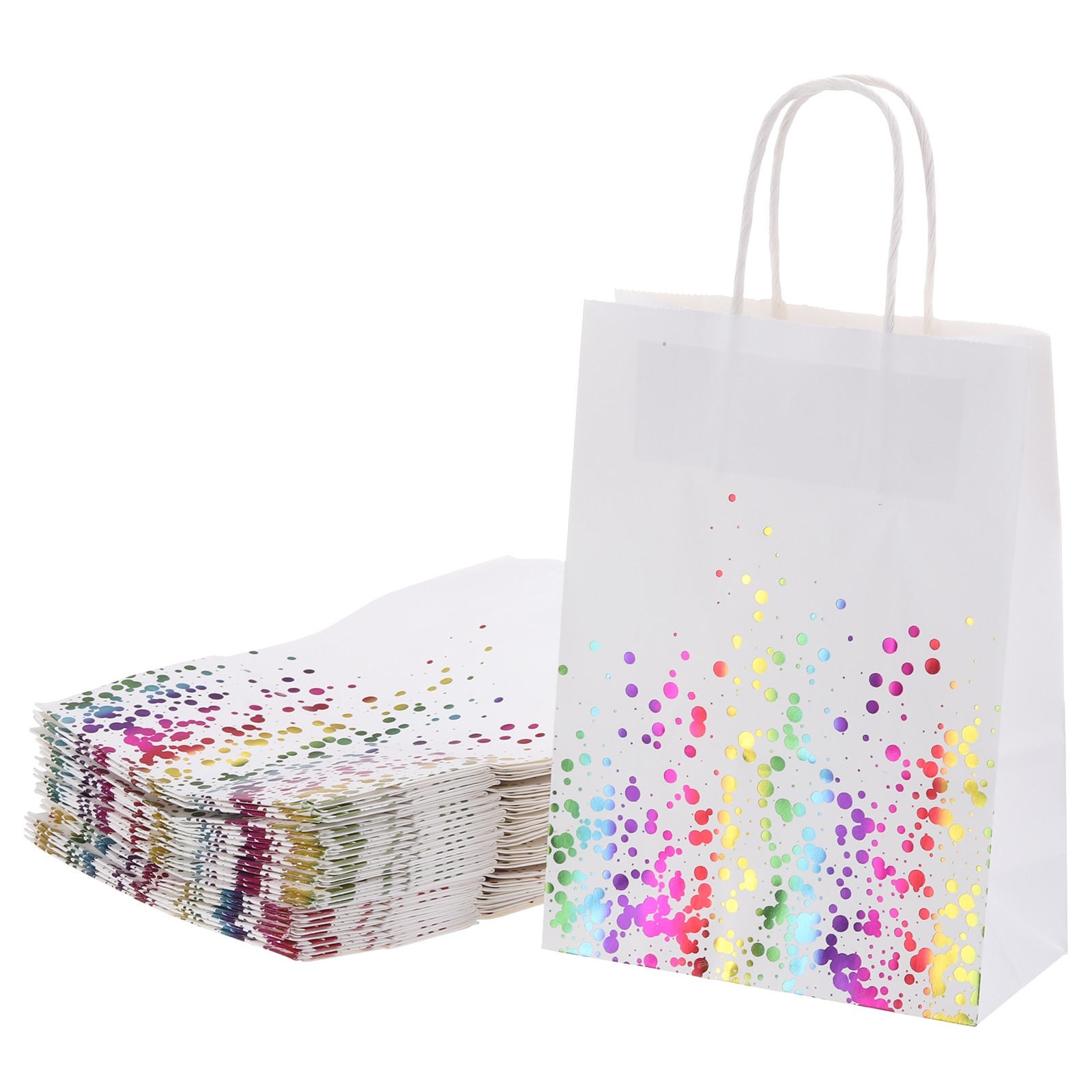 24Pcs Kraft Gift Bags with Handles Bulk, White Multicolor Dot Party Favor Bags