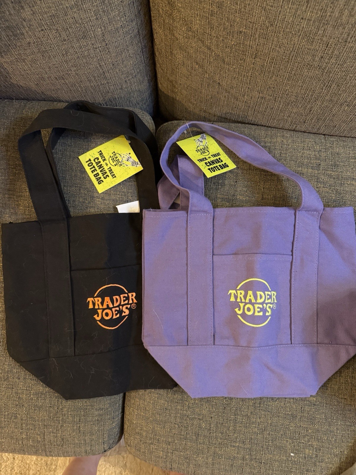Trader Joe’s Canvas Tote Bags Foldable Black & Purple Set of 2
