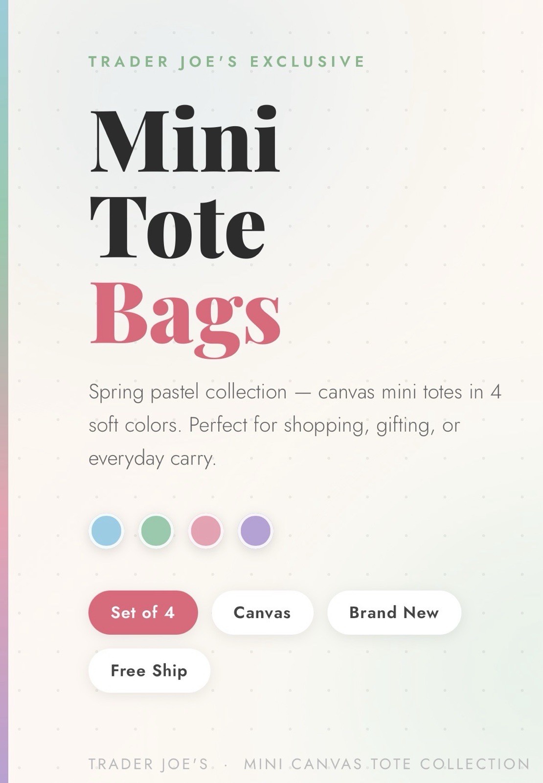 Trader Joe’s Spring 2026 Tote Bag Pastel Set Of 4 In Hand