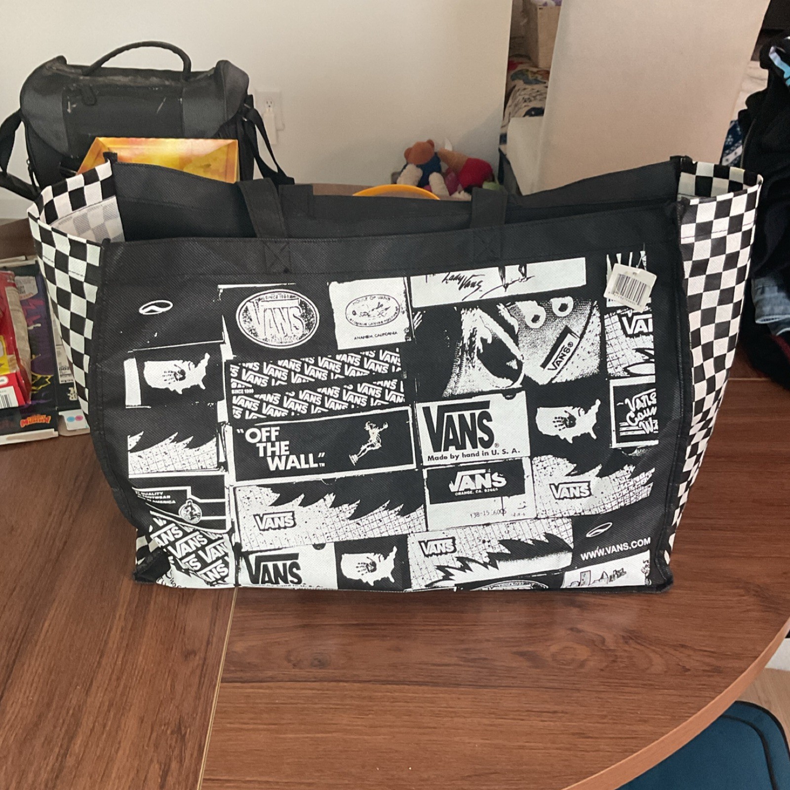 VANS Foldable Reusable Shopping Bag Black White Checked Plastic Large