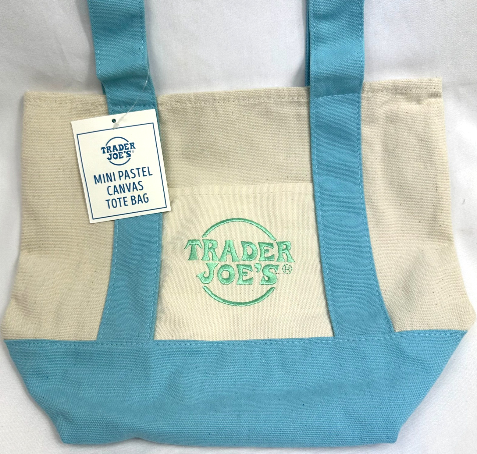 Trader Joe’s Mini Canvas Tote Bag Blue Pastel Reusable NEW 2026
