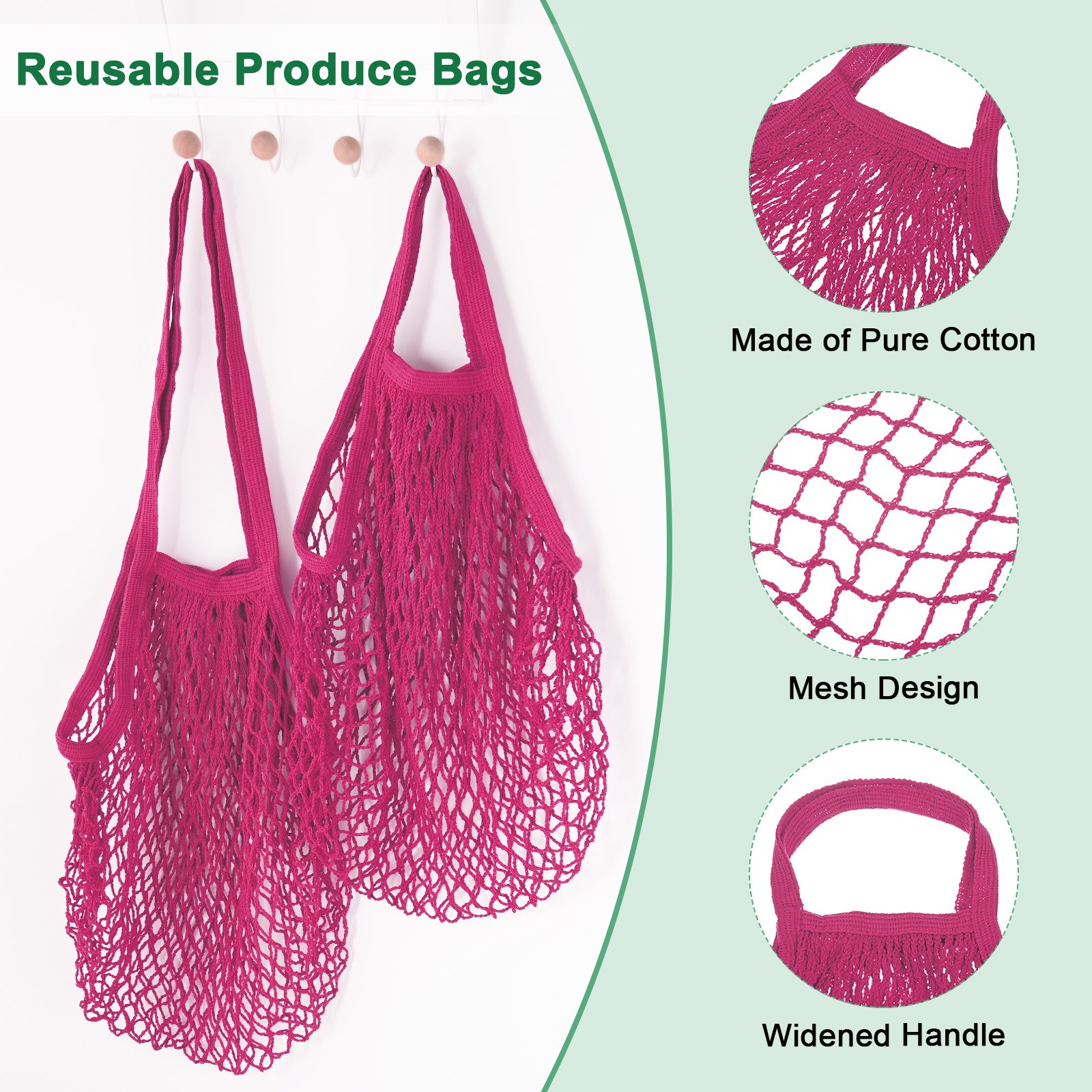 2-Pack Reusable Mesh Net String Grocery Bags [Rose Red,Long&Short Handle]