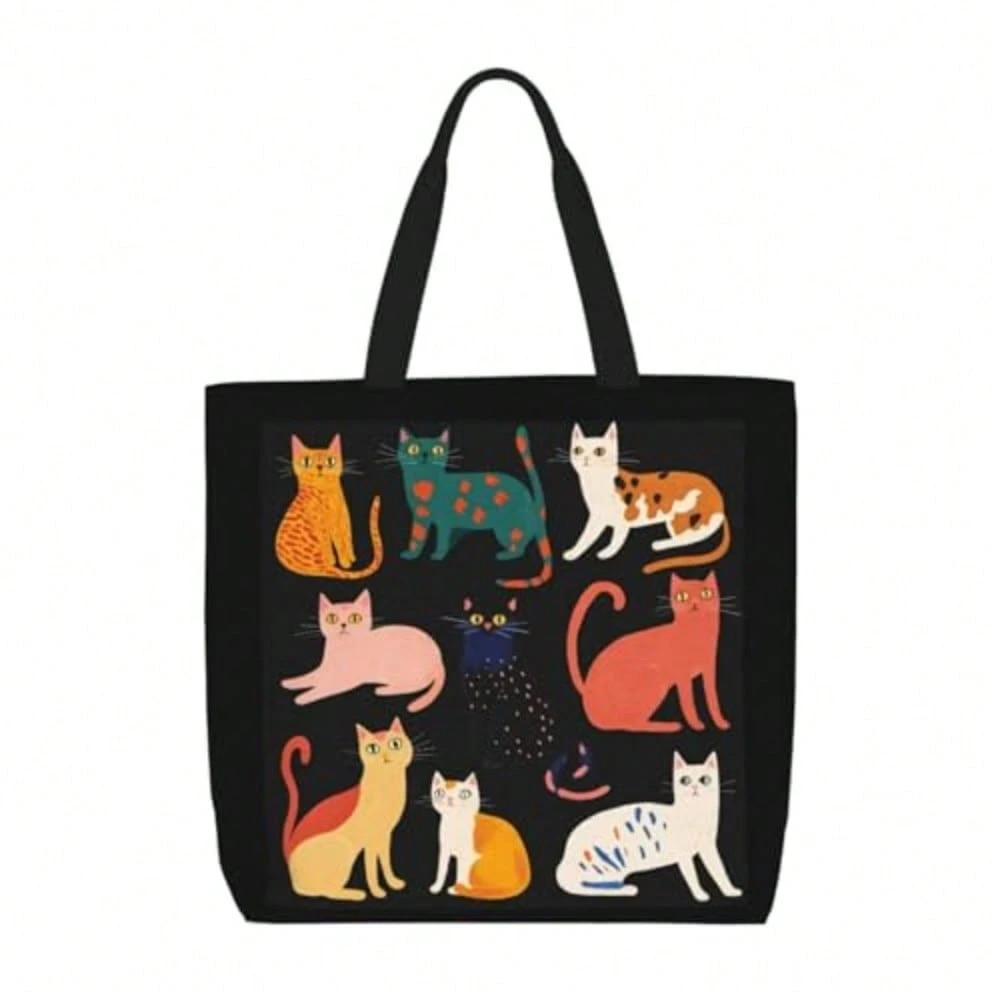 Cute Cat Print Tote Bag Large Reusable Shopping Bag For Cat Lovers