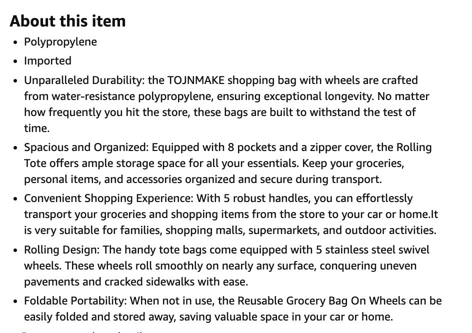 Large Reusable Grocery Bag on Wheels Shopping Trolley 8 Pockets/Zipper Cover